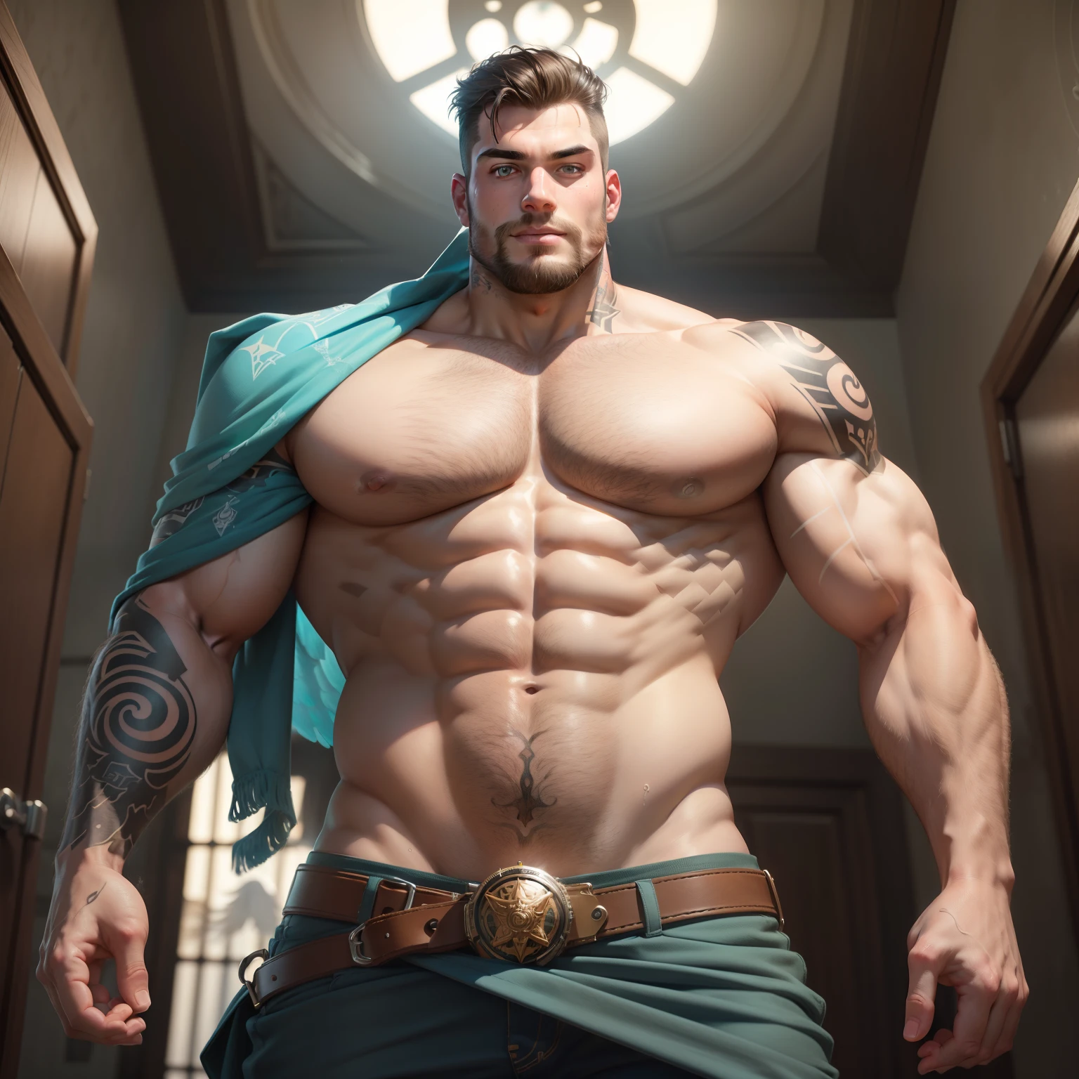 Young handsome guy, (Huge),(Member Detailing), ((Camera from below)), in full height, (looking at the camera), brawn, Strong Body,nudity , ((tattoo)) , Body detailing, ((drops of sweat on the body)), physical based rendering, dynamicpose, (ssmile)), Cyan eyes, ((Angel's Face)), Masterpiece