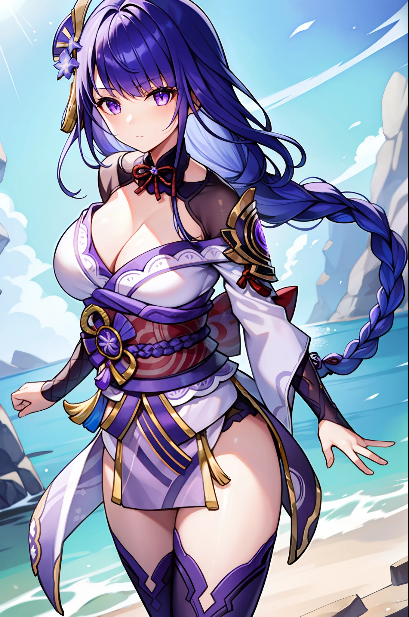 1girl, big breasts, bangs, blunt bangs, braid, japanese clothes, long hair, looking at viewer, magic, obi, purple eyes, purple hair, sash, solo, standing, sword, thighhighs, very long hair, weapon, cleavage, cliff scenery, glowing, dark theme, electricity, Booba Sword, 1girl, solo, upper body, Raiden_Shogun_\(genshin impact\), Raiden Shogun, blue hair, long hair,
