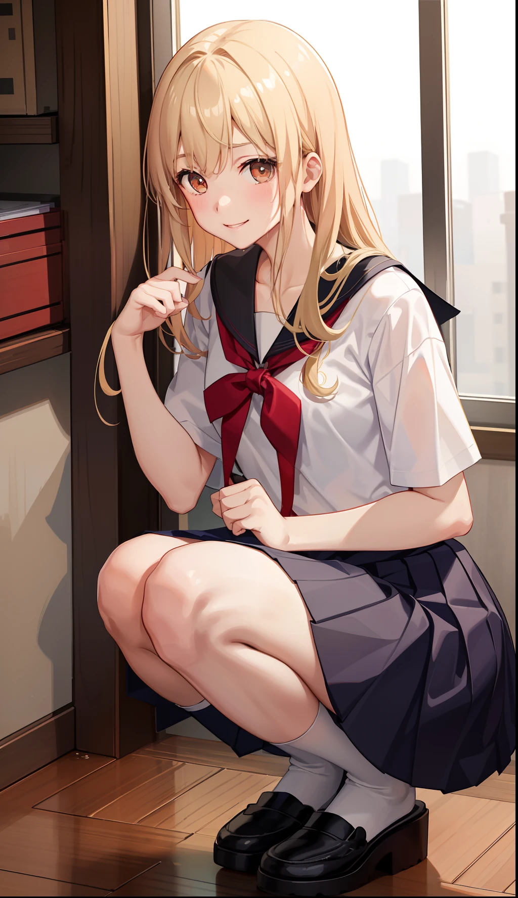 1girl in、A smile、The shirt、skirt by the、(small tits)Chilarism、Japan High School Student Uniform、serafuku、summer clothing、Squall Drenched Uniform、(Sheer Bra)、Upper body portrait、blonde hair、Squatting panchira、