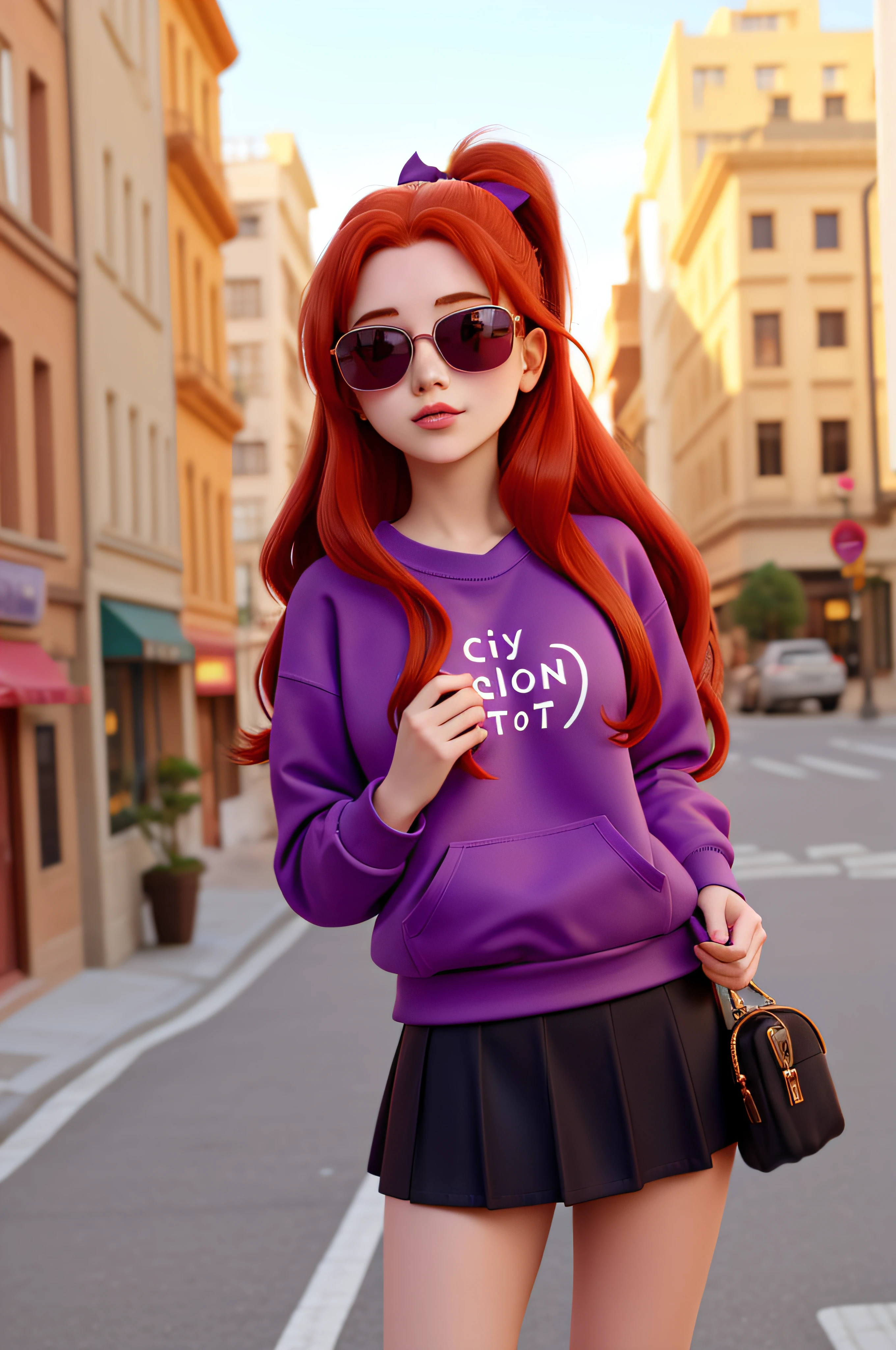 1 girl, 20 years old, long red hair, short purple sweatshirt, black mini skirt, colored ribbon in her hair, sunglasses, city