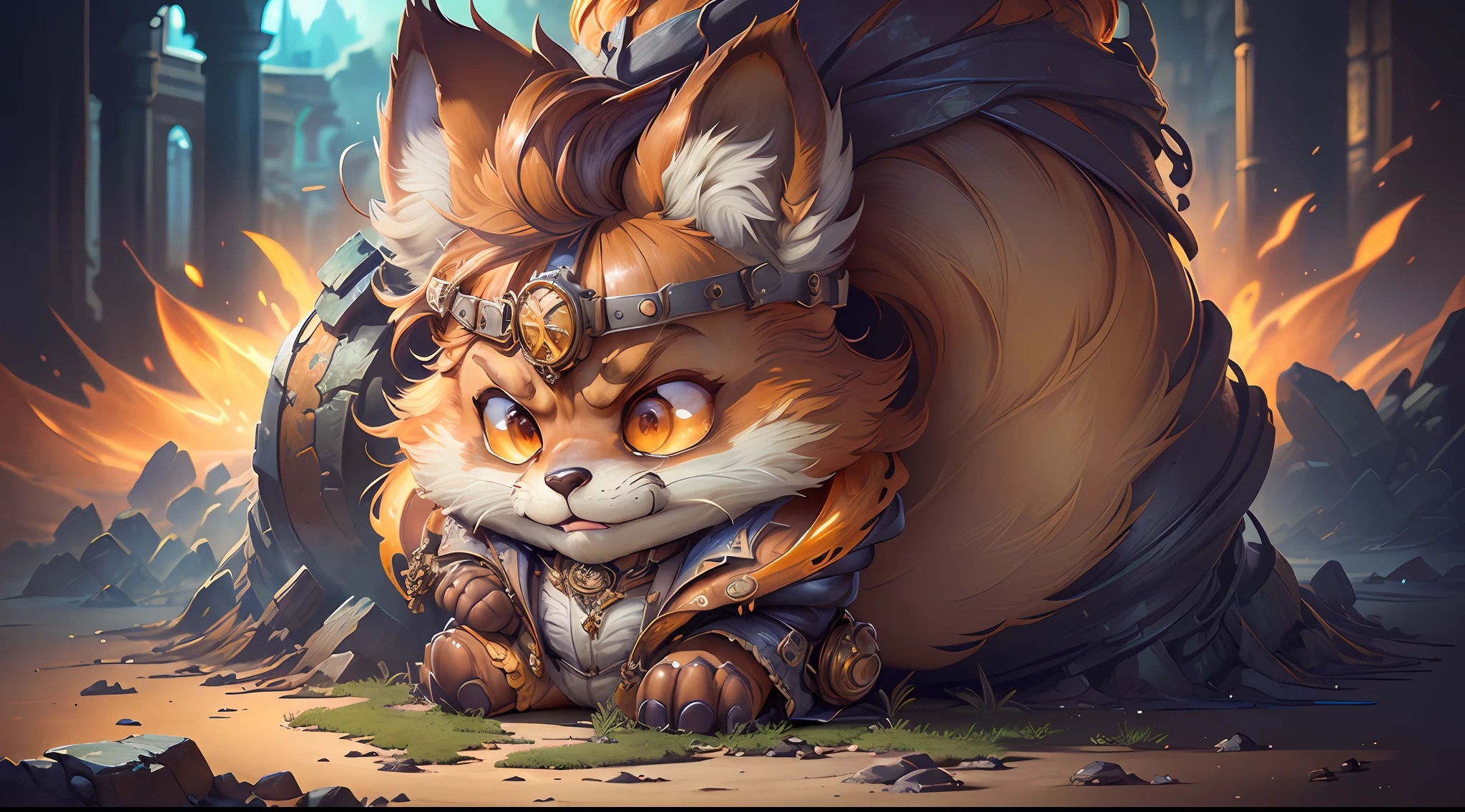 Hyperdetailed Painting, Jean-Baptiste Monge Style, fox Anthropomorphic, steampunk ,, , (extremely intricate robes, magical robes orange and purple), (extremely detailed background), ((dynamic background)), ((lightning)), (light rays), ,, , highest quality,, very angry face, body fitness, full body, long hair with braids , stands imposing in an ancient lost city. , stands imposing in an ancient lost city. Chiseled perfect body, insanely handsome and masculine face. Sunlight highlights his muscles and scars. The scenery is lush and mysterious, with ruins and vegetation. The camera details everything.