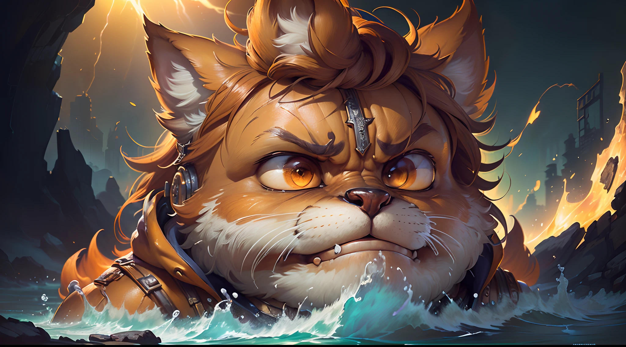 Hyperdetailed Painting, Jean-Baptiste Monge Style, fox Anthropomorphic, steampunk ,, , (extremely intricate robes, magical robes orange and purple), (extremely detailed background), ((dynamic background)), ((lightning)), (light rays), ,, , highest quality,, very angry face, body fitness, full body, long hair with braids , stands imposing in an ancient lost city. , stands imposing in an ancient lost city. Chiseled perfect body, insanely handsome and masculine face. Sunlight highlights his muscles and scars. The scenery is lush and mysterious, with ruins and vegetation. The camera details everything.