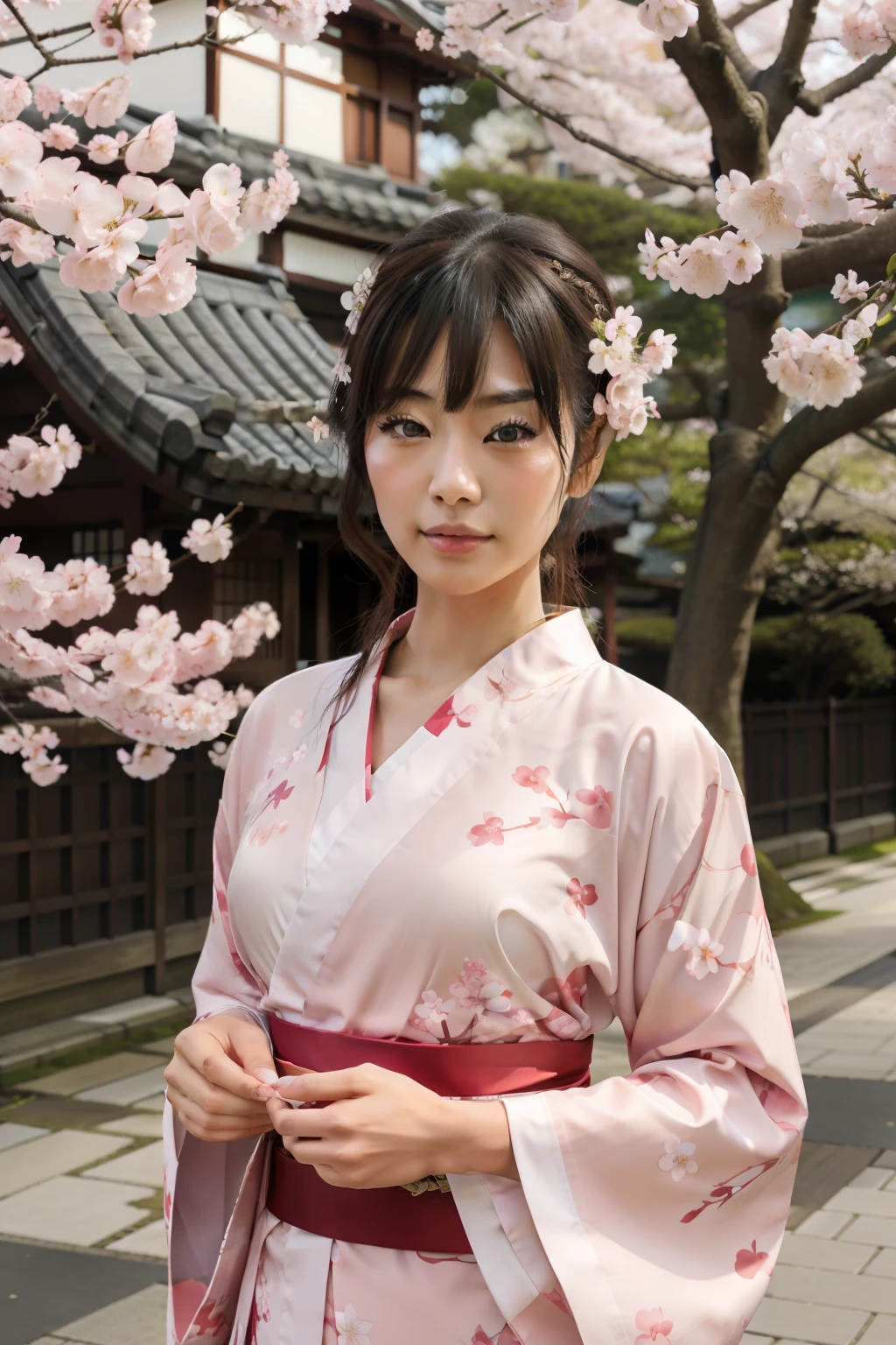 A beautiful Japan woman with clear eyes and double is showing a company guide in front of a cherry blossom tree in kimono.、Draw realistically