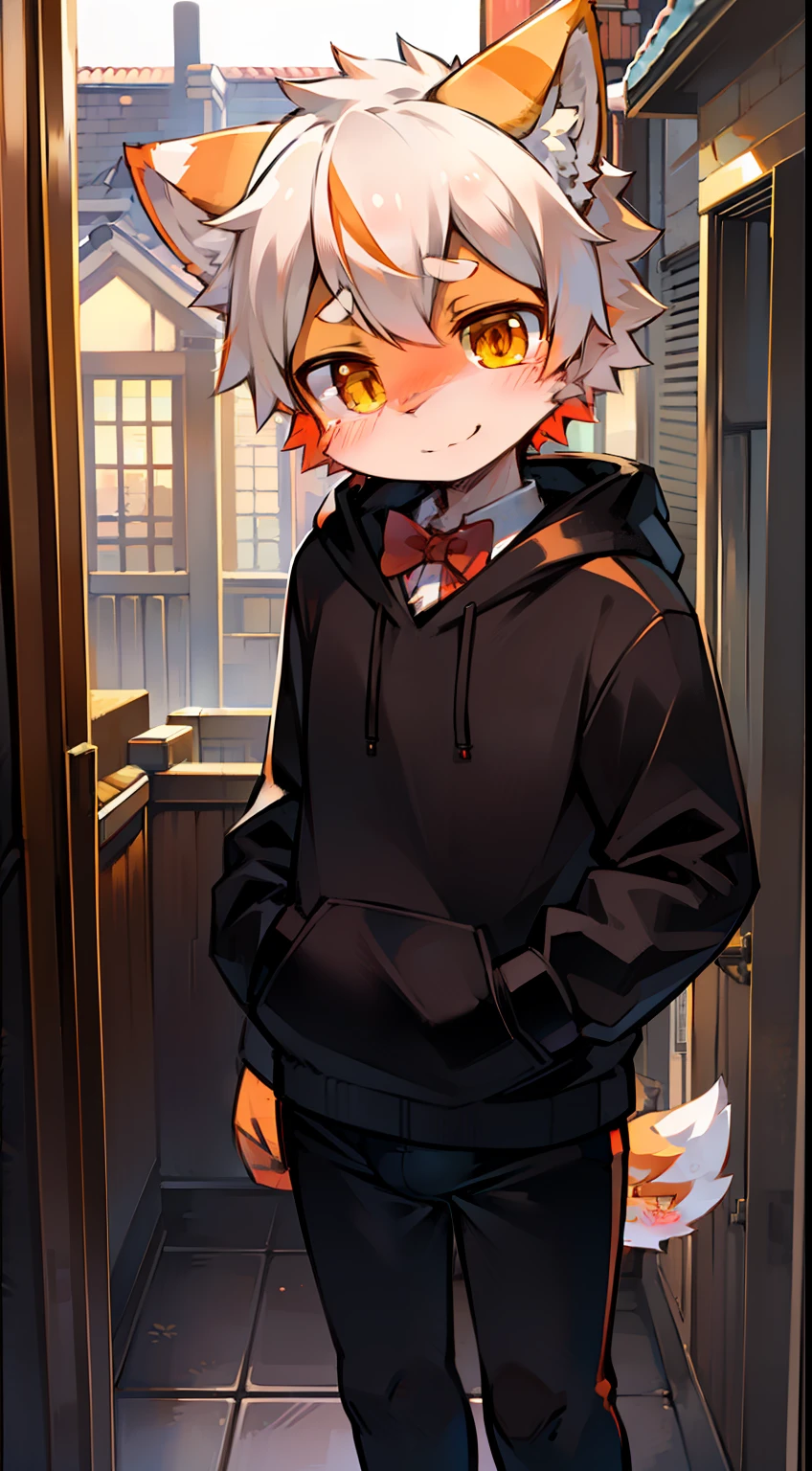 Solo, kemono, femboy, orange and white hair, yellow eyes, wear red bow tie, wear black hoodie, wear black boxer, blushes, look at camera, smile, standing in front of house, house background, noon time