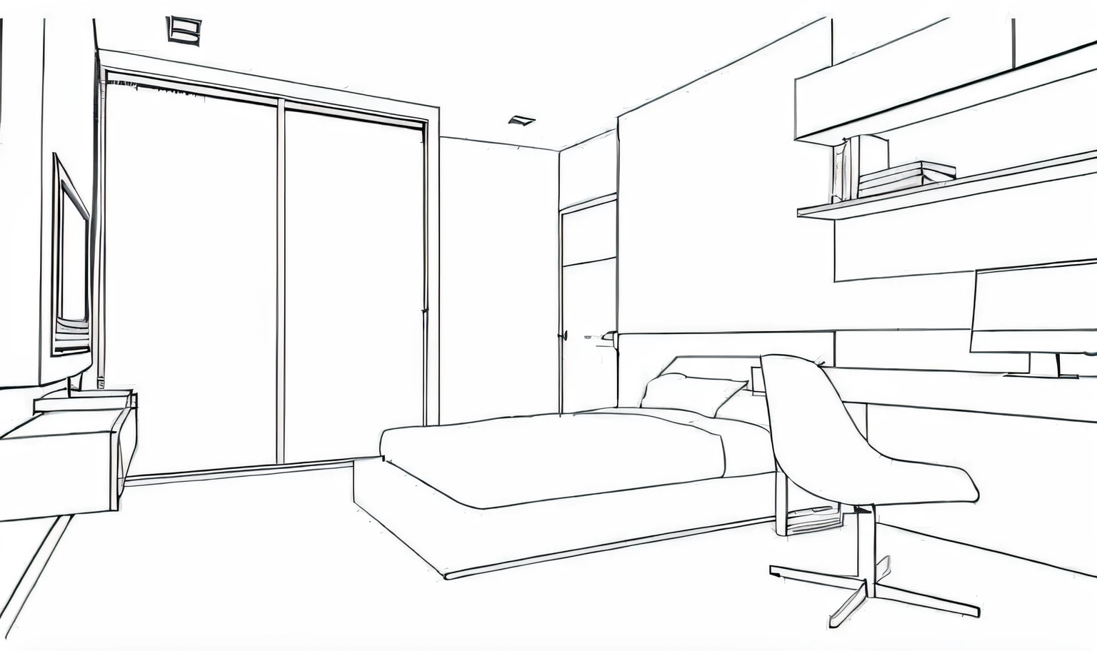 a drawing of a bedroom with a bed, desk and a television, line art - n 9, detailed line drawing, lineart behance hd, lineart, black and white color only, flat 2 d, line art!!, black line art, inside of a bedroom, apartment design, minimalist line drawing, in a bedroom, black and white line art