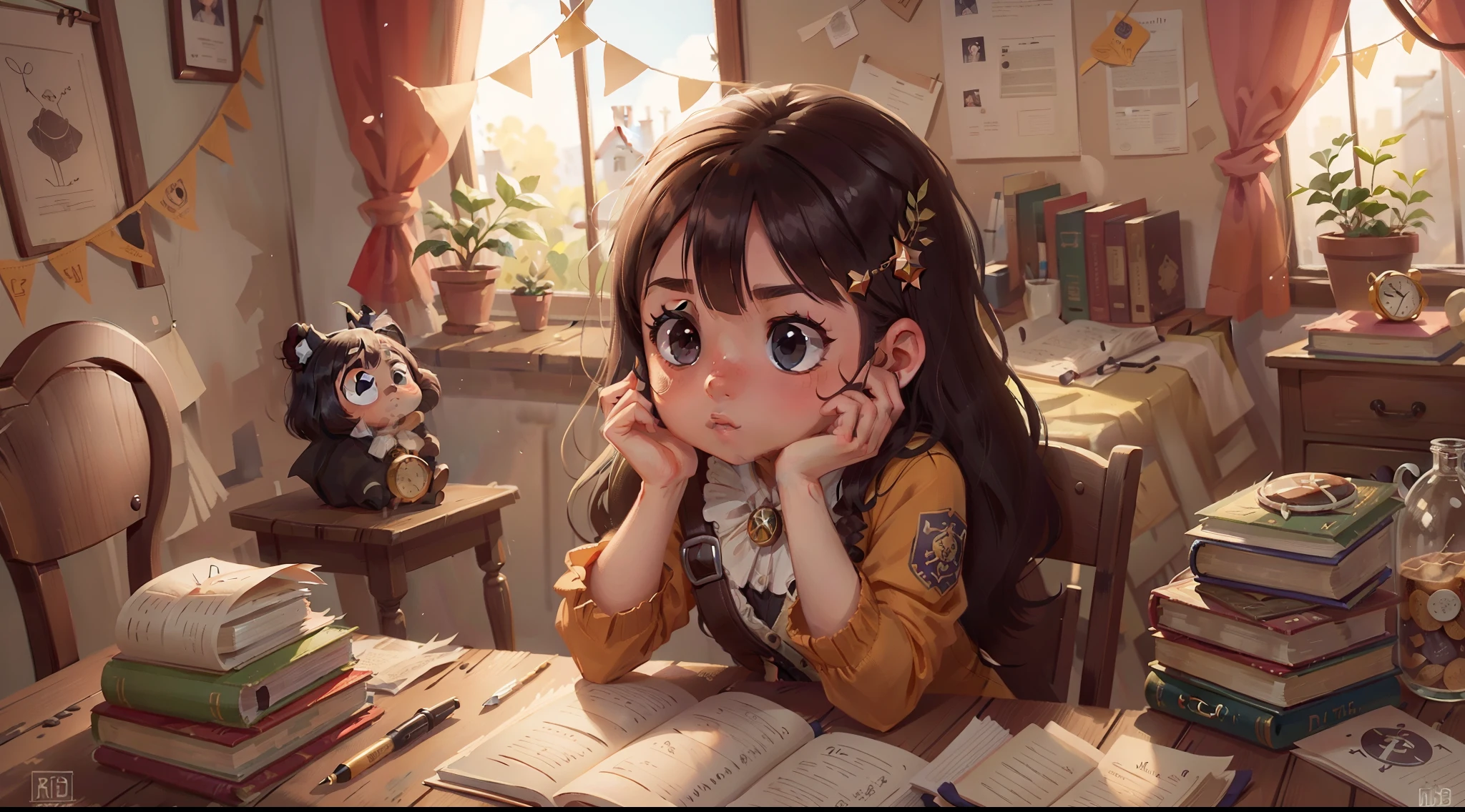 A curious girl finds an old book of magic in the attic of her house, lineart, melhor qualidade, obra-prima, Ultra high resolution, qualidade perfeita, foco claro, (obra-prima: 1.2) (Realista: 1.2) (Bokeh) (Melhor qualidade) (Pele detalhada: 1.3) (Detalhes intrincados) (8K) (Olhos de detalhe) (foco nítido) (cabelo preto) (1 girl)