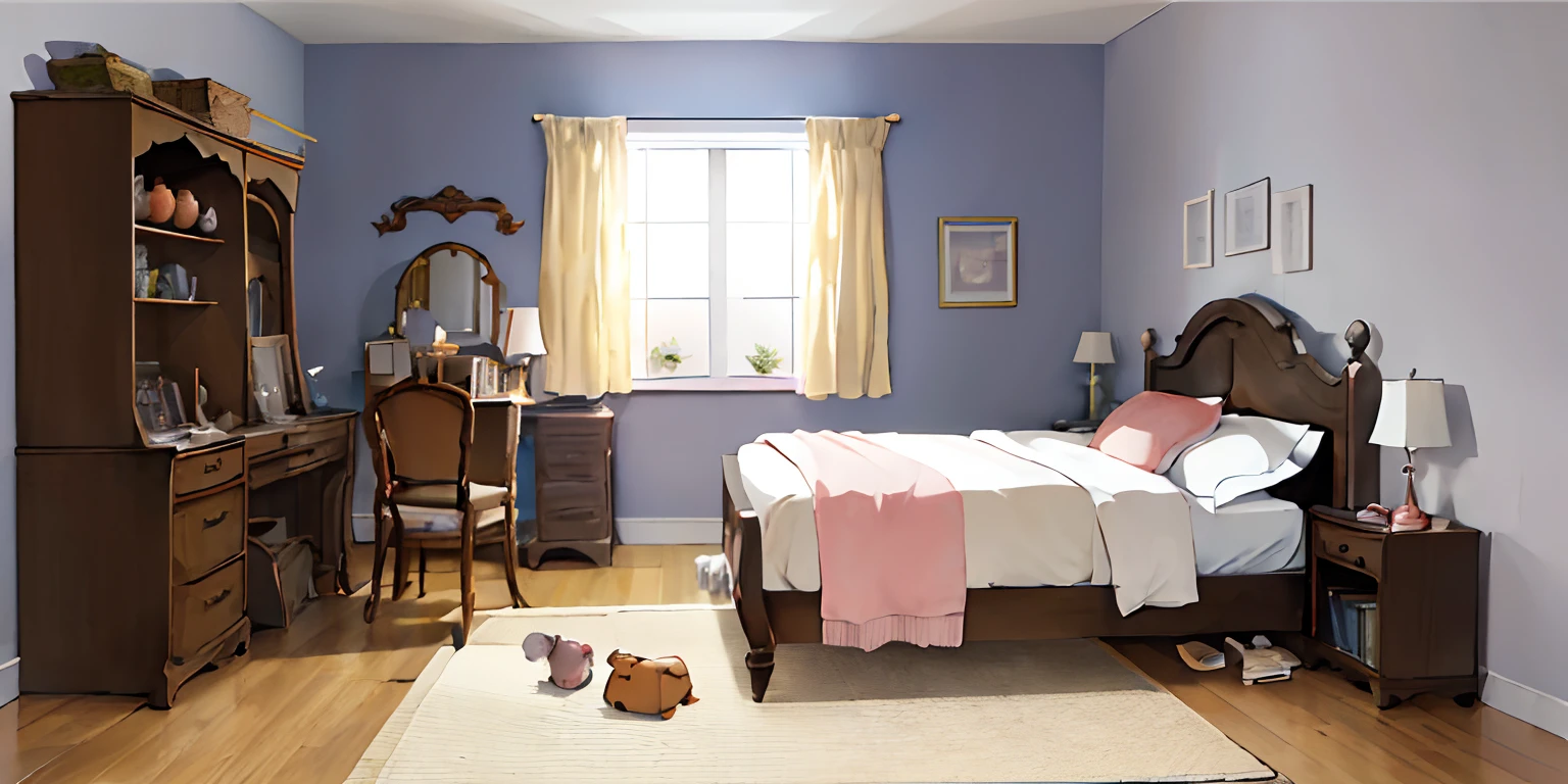 ((obra-prima, melhor qualidade)), there is a bedroom with a bed, a small bear-shaped comb on the bed, a large closet with clothes, a table and a window, anime background art, personal room background, anime backdrop, anime background, colors lofi, fourth style RPG creator, anime. soft lighting, beautiful anime scenery, interior background art, Studio Ghibli bedroom, bedroom background, Anime scenery concept art, anime madhouse studio style