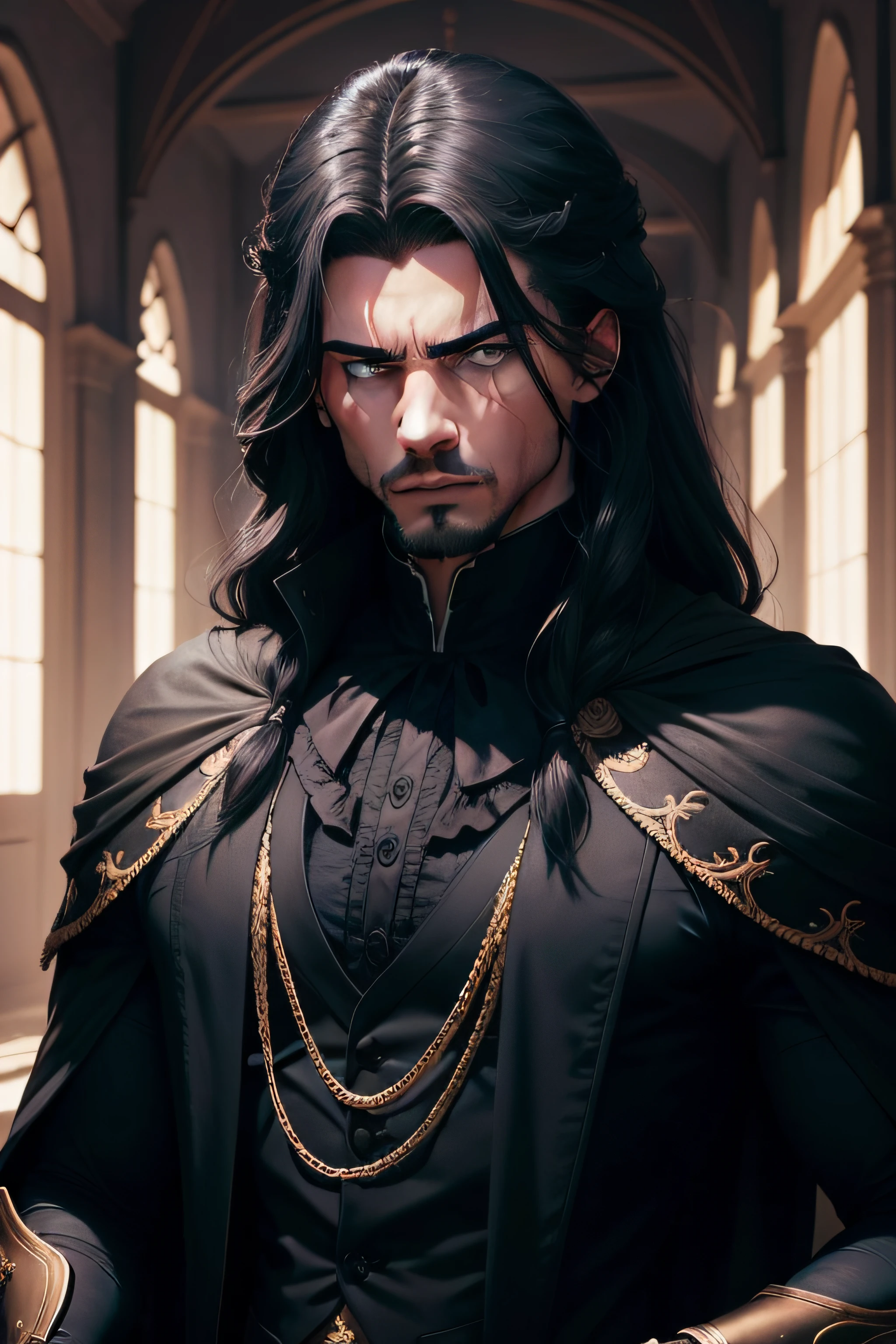 Lucius has a striking and captivating appearance. Seus cabelos negros caem em cachos sobre seus ombros, contrastando com a palidez de sua pele. His eyes are deep and intense, geralmente ocultos sob um olhar misterioso. Ele veste roupas escuras e elegantes, that allow you to blend easily into the shadows.