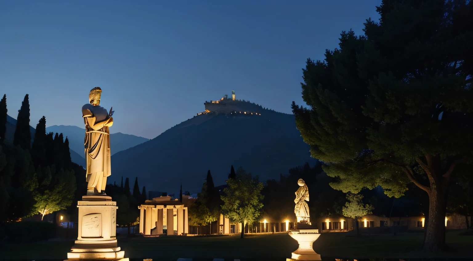 Marble statue of Zeno of Scythia teaching other ancient and old Greek men with Greek temple in the background at night
