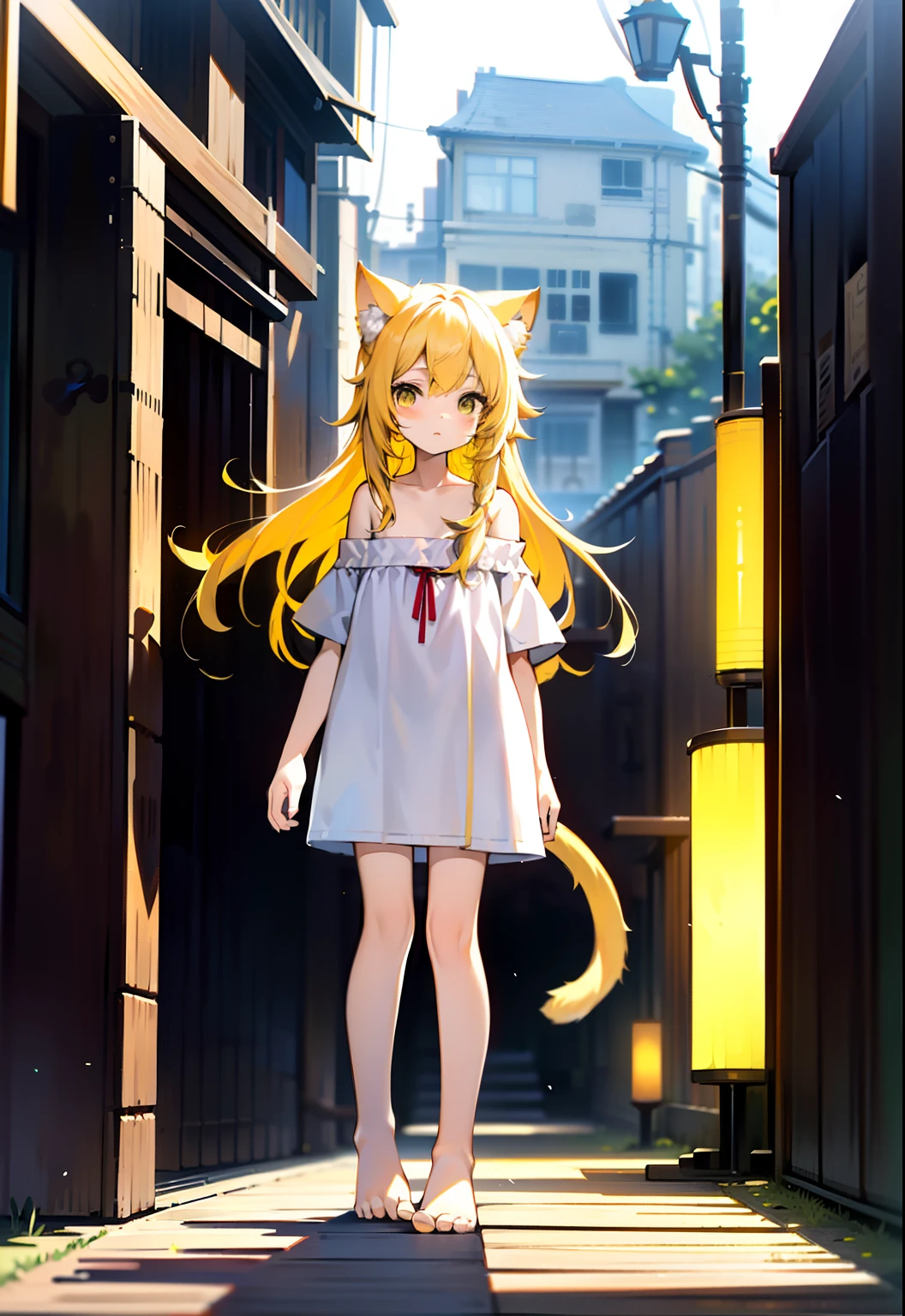 Yellow hair,Cat ears,a cat tail,dark hazel eyes,Loli body, old,Pure white short sleeves,Expose the left shoulder,naked leg,Barefoot,standing on your feet。yellow long hair。Whole body diagram,illustration。River side。