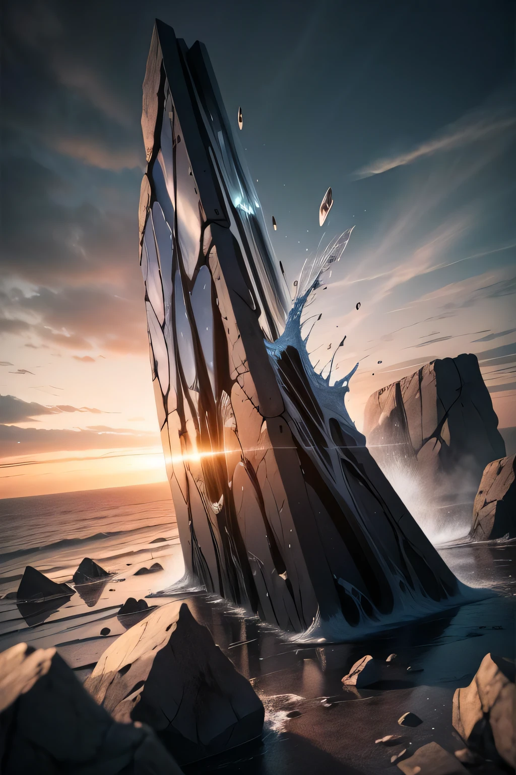 ancient knowledge, pronounced feminine organic glass morphism structure, plastic, going through time and space, [:petite girl in:0.3] ether flow in a shattered titanic structure, frosted glass behance design, subsurface scattering of diffused light, jewelry macro shot, fluid marbling, (stratal incisions:1.1), dynamic, diagonal, tilted, complex composition, bright vivid color accent, slate gray atmosphere, hdr, dramatic light, cinematic