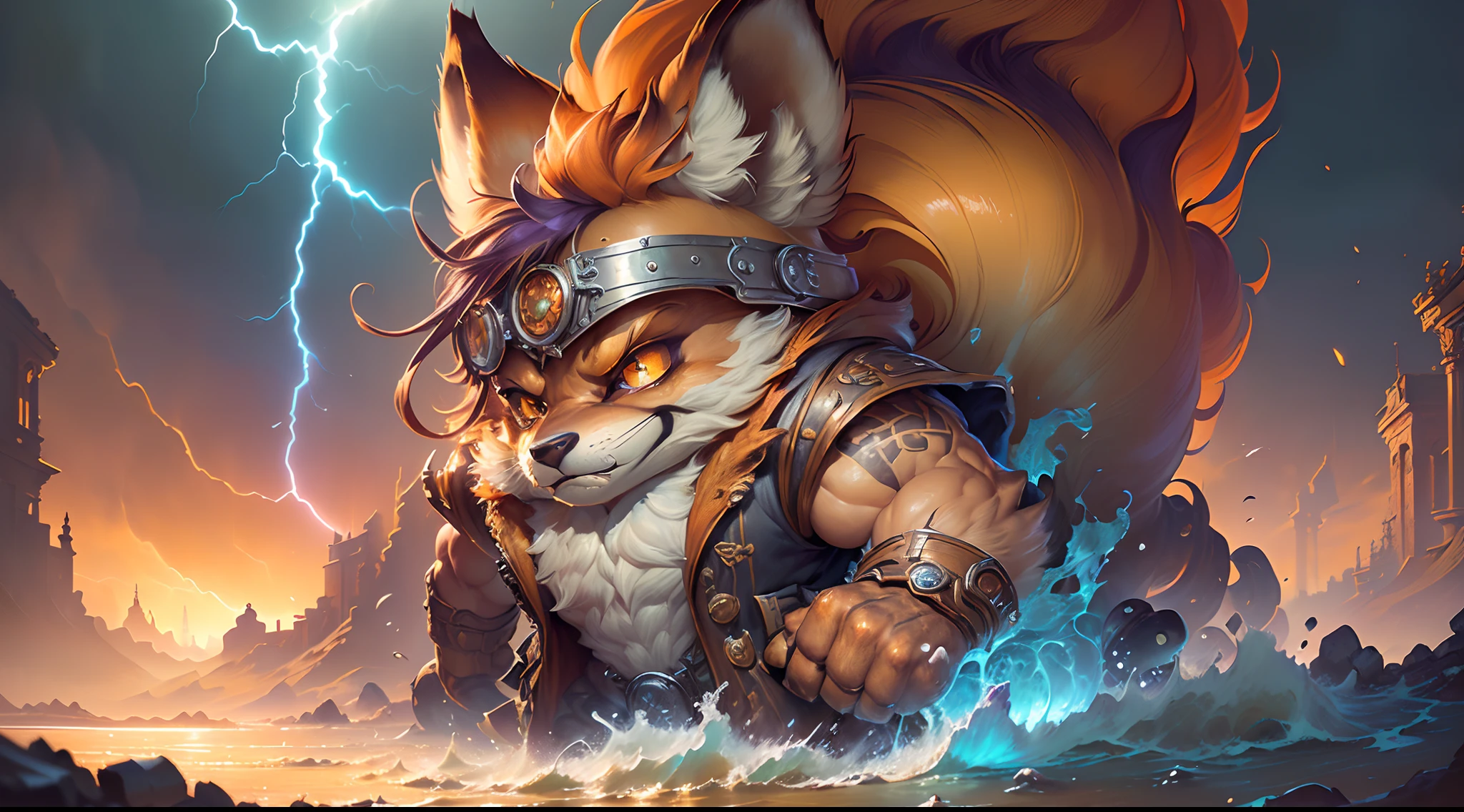 Hyperdetailed Painting, Jean-Baptiste Monge Style, fox  Anthropomorphic, steampunk ,, , (extremely intricate robes, magical robes orange and purple), (extremely detailed background), ((dynamic background)), ((lightning)), (light rays), ,, , highest quality,, very angry face, body fitness, full body, long hair with braids , stands imposing in an ancient lost city. ,  stands imposing in an ancient lost city. Chiseled perfect body, insanely handsome and masculine face. Sunlight highlights his muscles and scars. The scenery is lush and mysterious, with ruins and vegetation. The camera details everything.