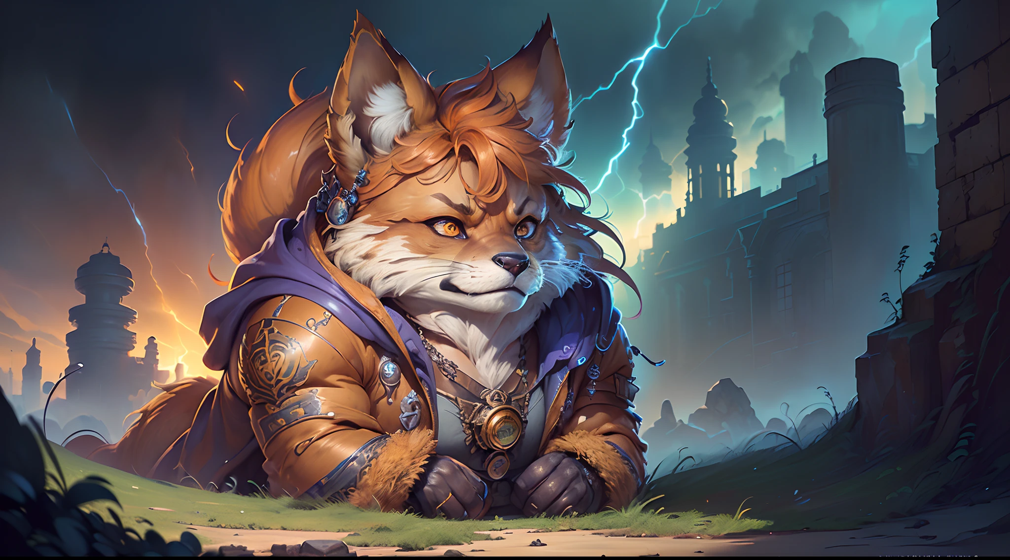Hyperdetailed Painting, Jean-Baptiste Monge Style, fox Anthropomorphic, steampunk ,, , (extremely intricate robes, magical robes orange and purple), (extremely detailed background), ((dynamic background)), ((lightning)), (light rays), ,, , highest quality,, very angry face, body fitness, full body, long hair with braids , stands imposing in an ancient lost city. , stands imposing in an ancient lost city. Chiseled perfect body, insanely handsome and masculine face. Sunlight highlights his muscles and scars. The scenery is lush and mysterious, with ruins and vegetation. The camera details everything.