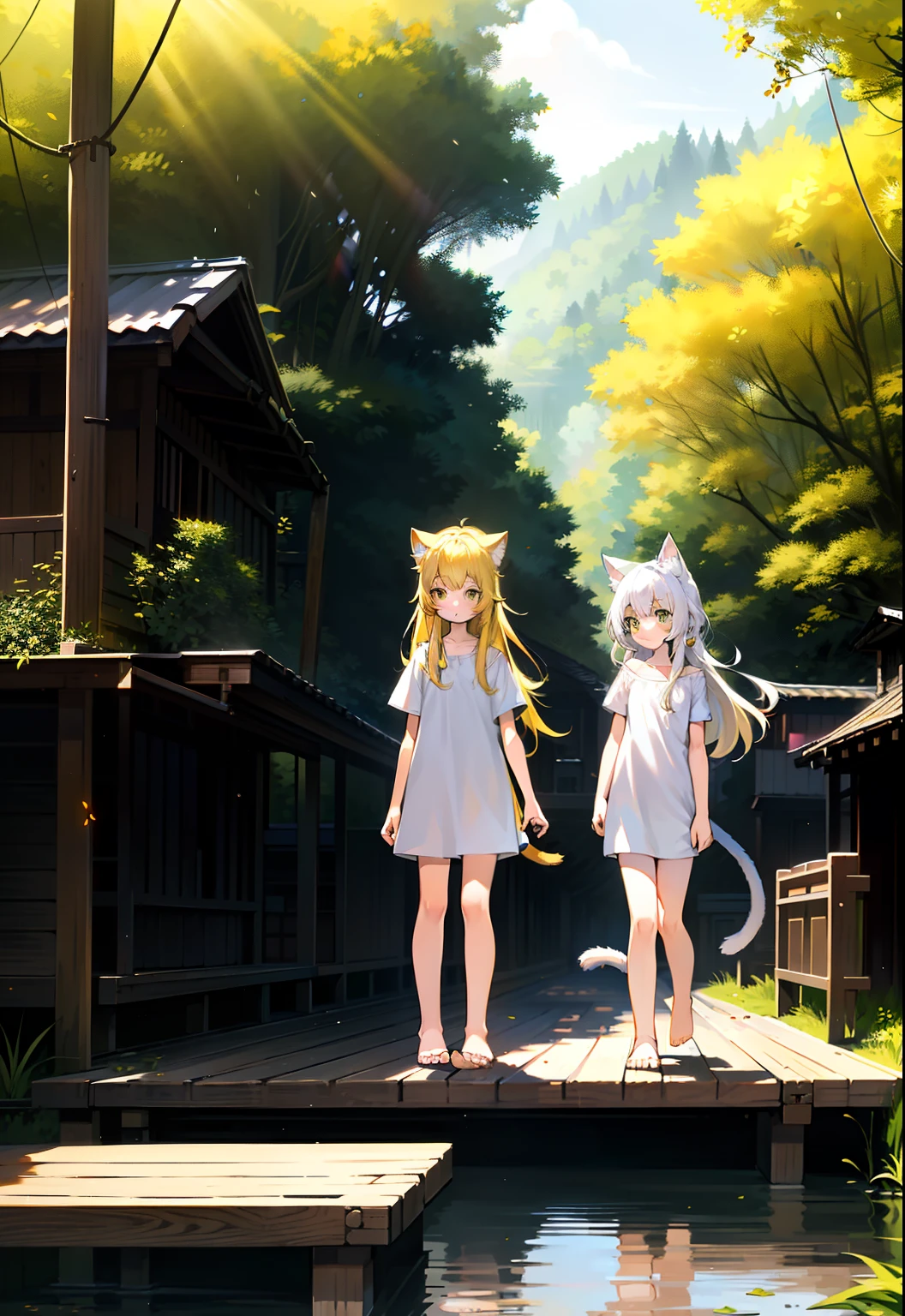 Yellow hair,Cat ears,a cat tail,dark hazel eyes, body,10years old,Pure white short sleeves,Expose the left shoulder,naked leg,Barefoot,standing on your feet。yellow long hair。Whole body diagram,illustration。River side。