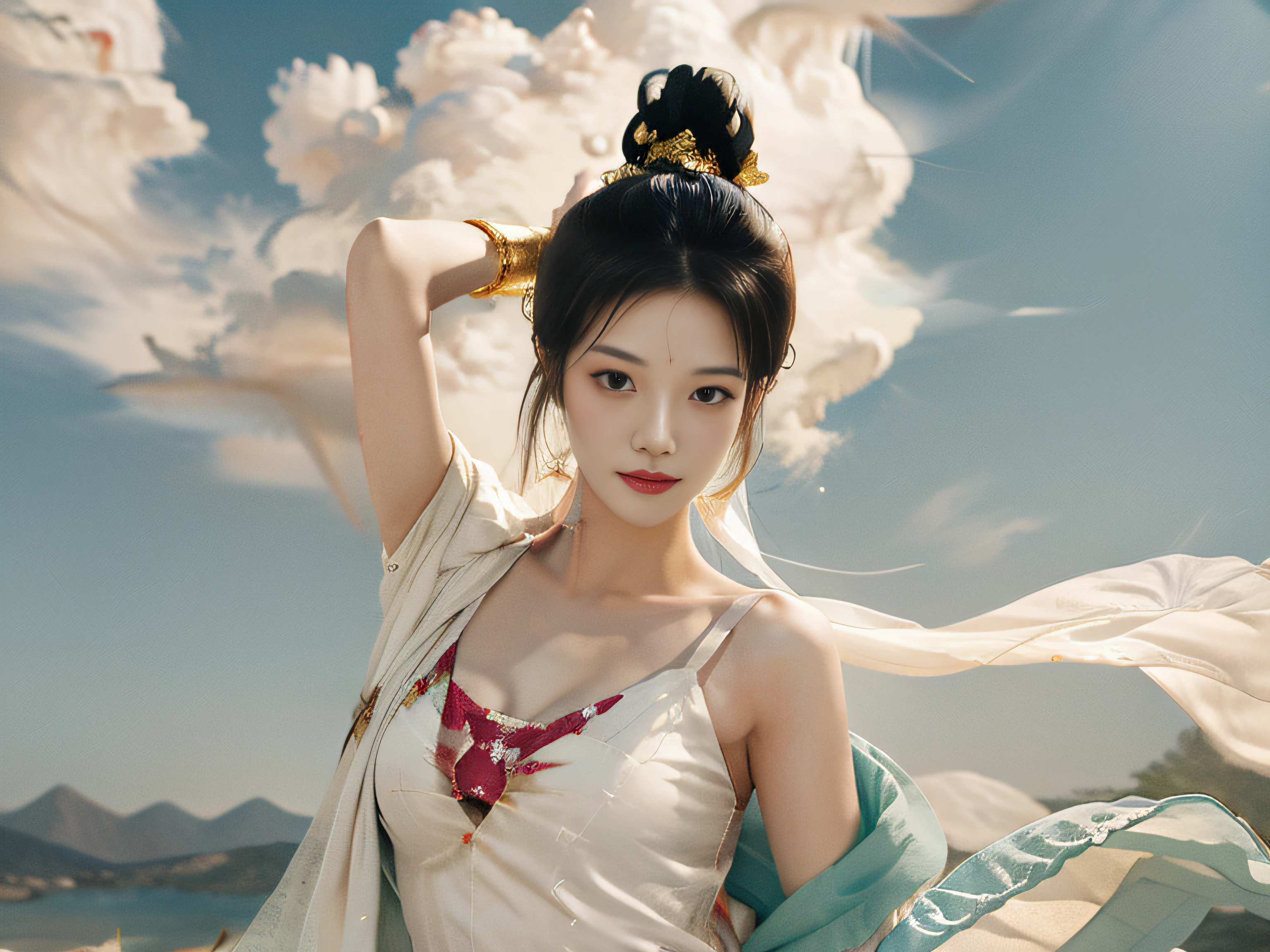 Masterpiece, Surrealistic, 32k, very detailed CG unified 8k wallpaper, best quality, realistic, 1 girl, (white robe), in a charming scene, rich background, very detailed, delicate beautiful face, big eyes looking at the audience, natural expression, charming smile, dance, Dunhuang costume, Dunhuang style, arms, dancing with ribbon, Colorful ribbons, golden jewelry,dancing pose, ancient Chinese hairstyles, hair gossamer, streamers, flying in the air, light makeup, eyeshadow, eyebrow lines, (face), dynamics, petals flying, details, jewelry, earrings, bracelets, shoulders, intricate textures, chest, guchen, wind pipe, a beautiful woman in a flowing white robe flying in the air, soaring through the clouds, the wind gently lifting her robe, The sense of flight is emphasized as they gracefully fly over ethereal cloud scenes