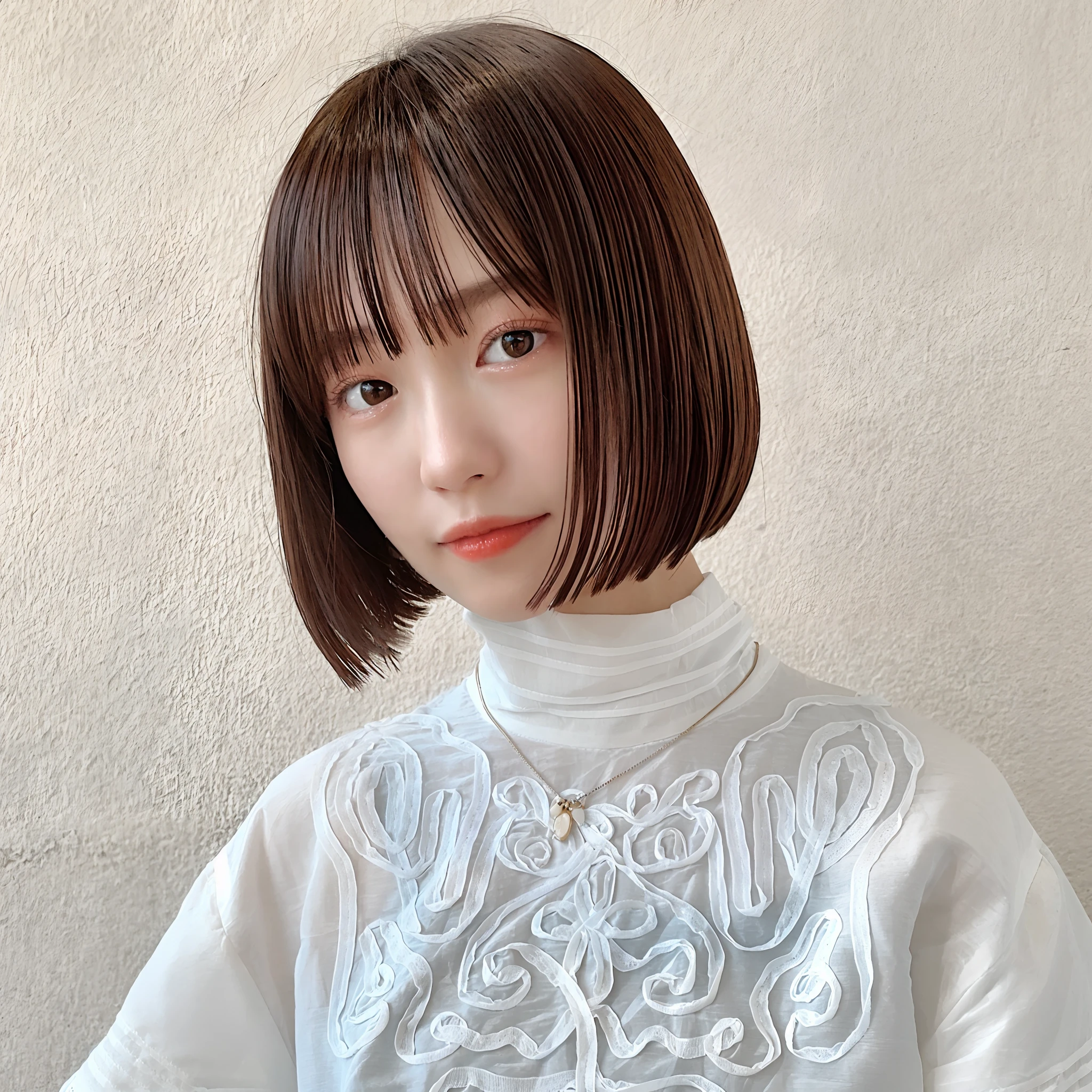 There is a woman in a white shirt and necklace, With short hair, hime-cut, white hime cut hairstyle, with short hair with bangs, neat hair with bangs, chiho, short brown hair with bangs, black hime-cut hair, With bangs, chin-length hair, with a bob cut, French Bob, with full bangs, Brown hair with bangs