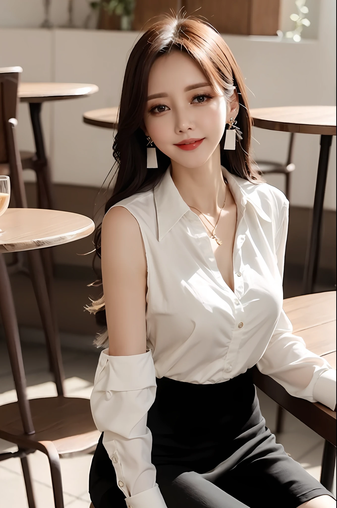top-quality, masterpiece, 超A high resolution, 1girl, Shirt blouse with collar, a smile、sleeveless、a smile、Sitting on a chair、Large pendant、Triangular earrings、Makeup thinning、natural make up、small tits、cafe terrace、The table、drink、