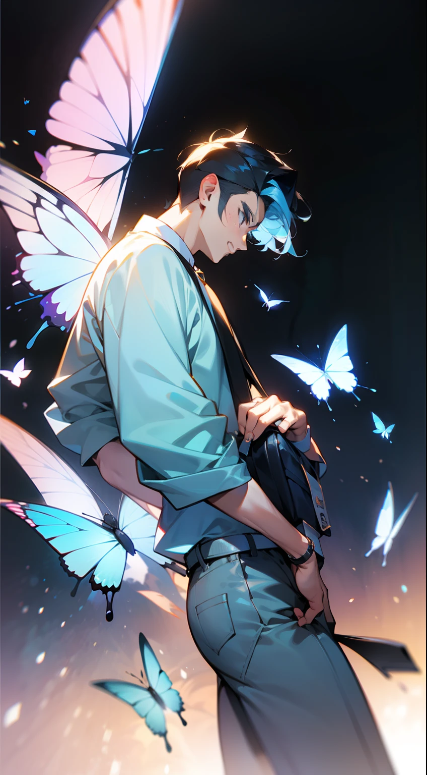 (down view),Dynamic Angle,Ultra-detailed, illustration, Best picture quality，detailed meticulous，Absolutely beautiful，Perfect facial features，Smooth skin，Handsome，High resolution soloist，light toned，Handsome（Weight 1.3），Full body like，High resolution gray shorts"，Standing with a bag in one hand，The other hand is placed on the chin，Gradient hair color，Gradient black-blue hair，Crystal-like hair，The inside is dyed blue，Black hair on the outside，Handsome boy, blue hair at the end of the hair, Dyeing,(废墟),(Night:1.2),Dreamy,soul,(Fluorescence),(flying translucent blue butterflies:1.15), [[Delicate fingers and hands:0.55]::0.85],(Detail fingers),(yubao:0.5),Upper body
