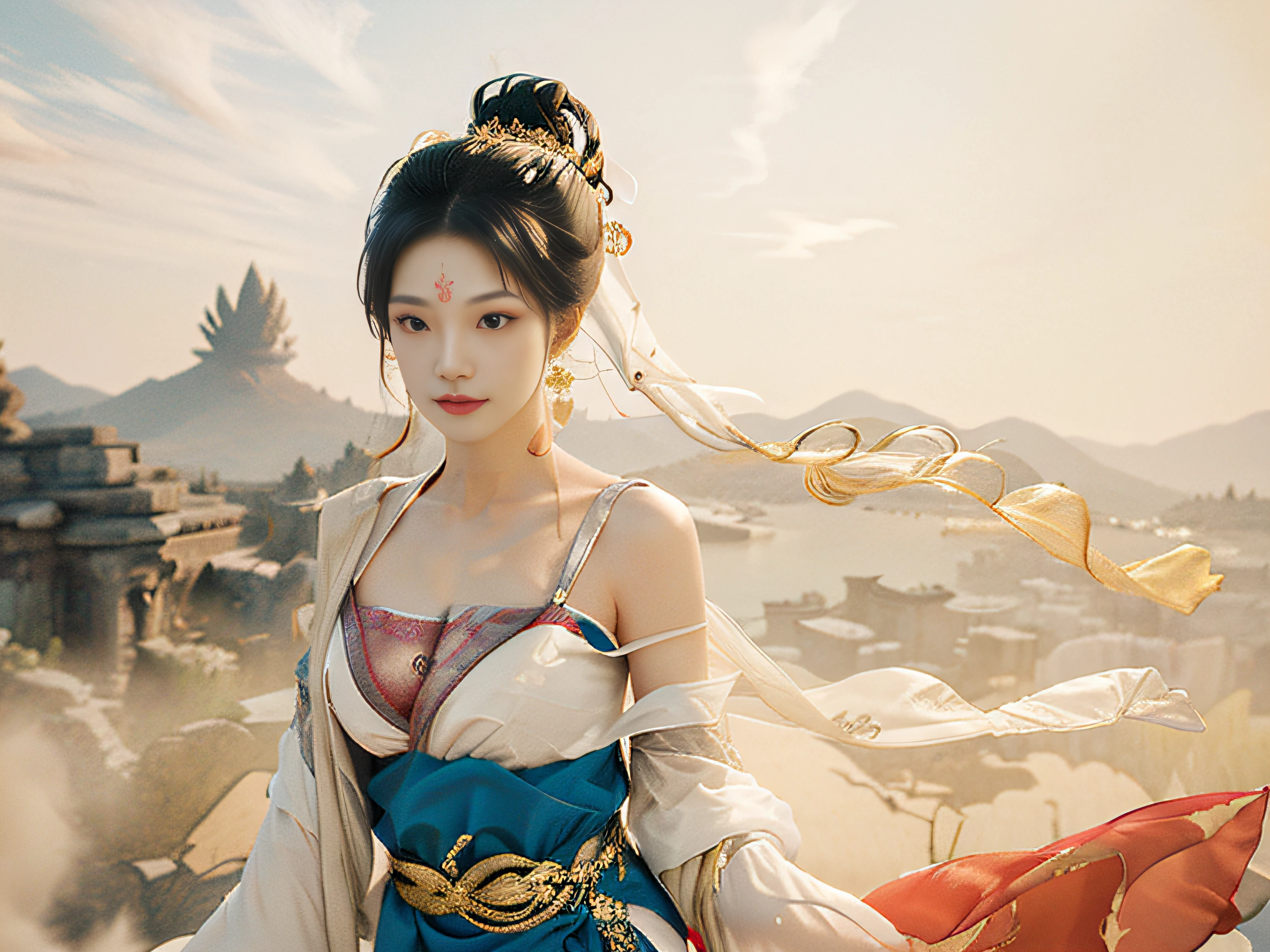 masterpiece,ultra realistic,32k,extremely detailed CG unity 8k wallpaper, best quality, 1 girl, (White robe), In a captivating scene, The background is rich and extremely detailed,Exquisite and beautiful features, Big eyes look at you, Dance, Dunhuang costumes, Dunhuang style, Arms, Dance with the ribbon, Multicolored ribbons,golden jewelery, Ancient Chinese hairstyle, gossamer, Streamers, Flying in the air,Light makeup, eye shadows, Brow line, (face), dynamics, Petals flying, Details, jewelry, Earrings, bangle, bshoulders, Complex textures, chest, Guqin, conduit, Natural expression, Charming smile, A beautiful woman in a flowing white Chinese robe is flying in the air, Soar through the clouds. The wind gently lifts her robe, Emphasize the feeling of flying,As they fly gracefully over the ethereal cloud scene