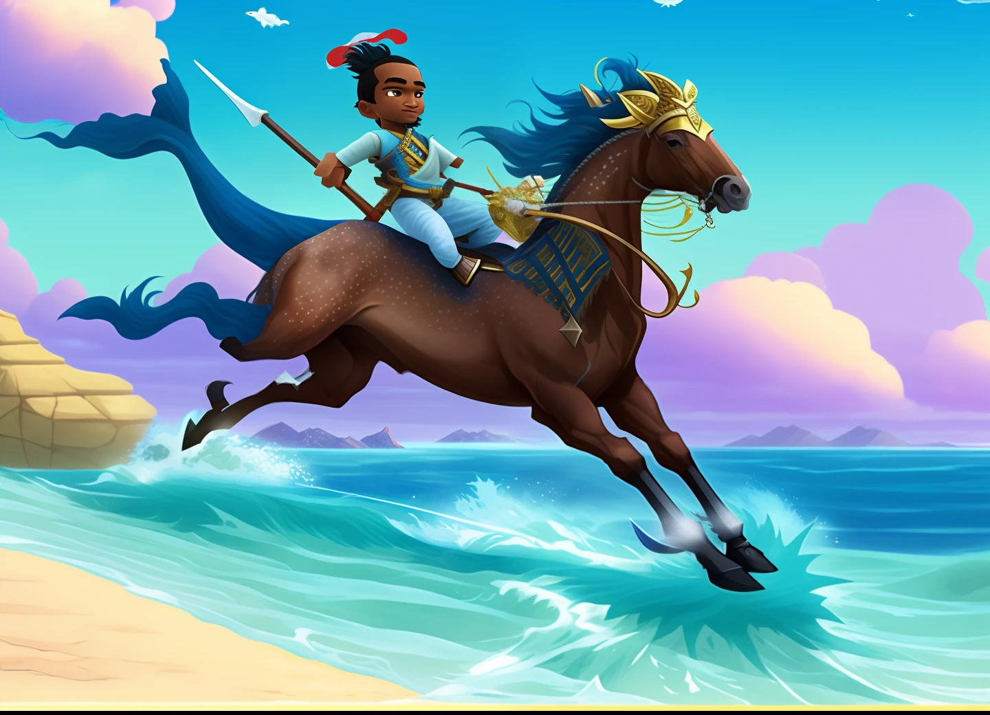 Cartoon of a boy riding a horse in the ocean with a spear, Centaur Chimera male centaur, centaur, Centaurs from Greek mythology, Centaur horse, centaur, Merfolk riding water horse, Chinese mythology, Akira from Chinese mythology, Getting West, Ancient Mongolian musk deer, Adam Driver is a Centaur warrior., Obama rides a unicorn