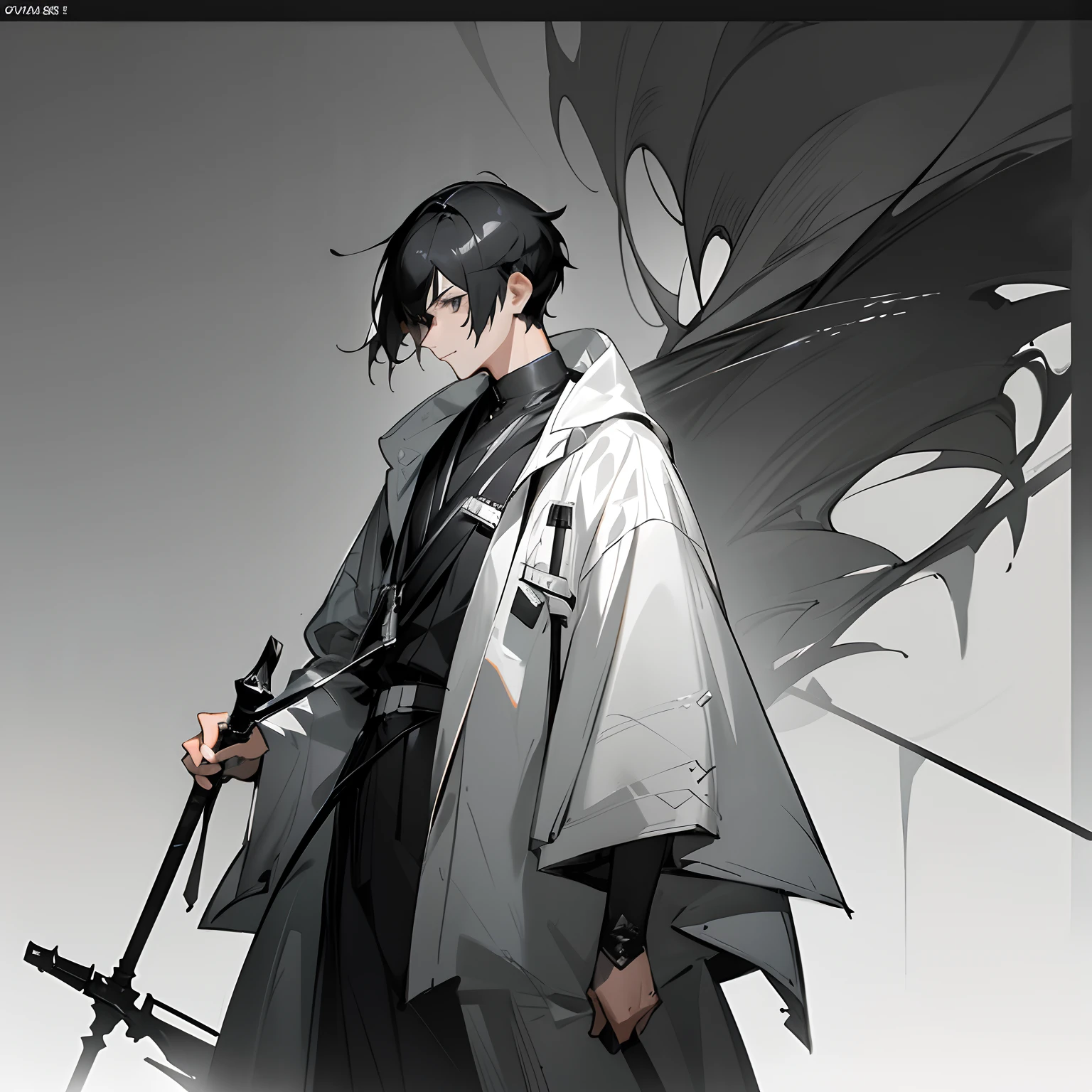 ((Masterpiece)), (Ultra detailed), (Best quality), Detailed background, (Arknights style), (concept-art,), (adult man, Tall,, Black color hair, short detailed hair),(Staff in hand,Long staff),((Realistic detail device)),Monochromatic, Art style with sharp lines,Premium texture