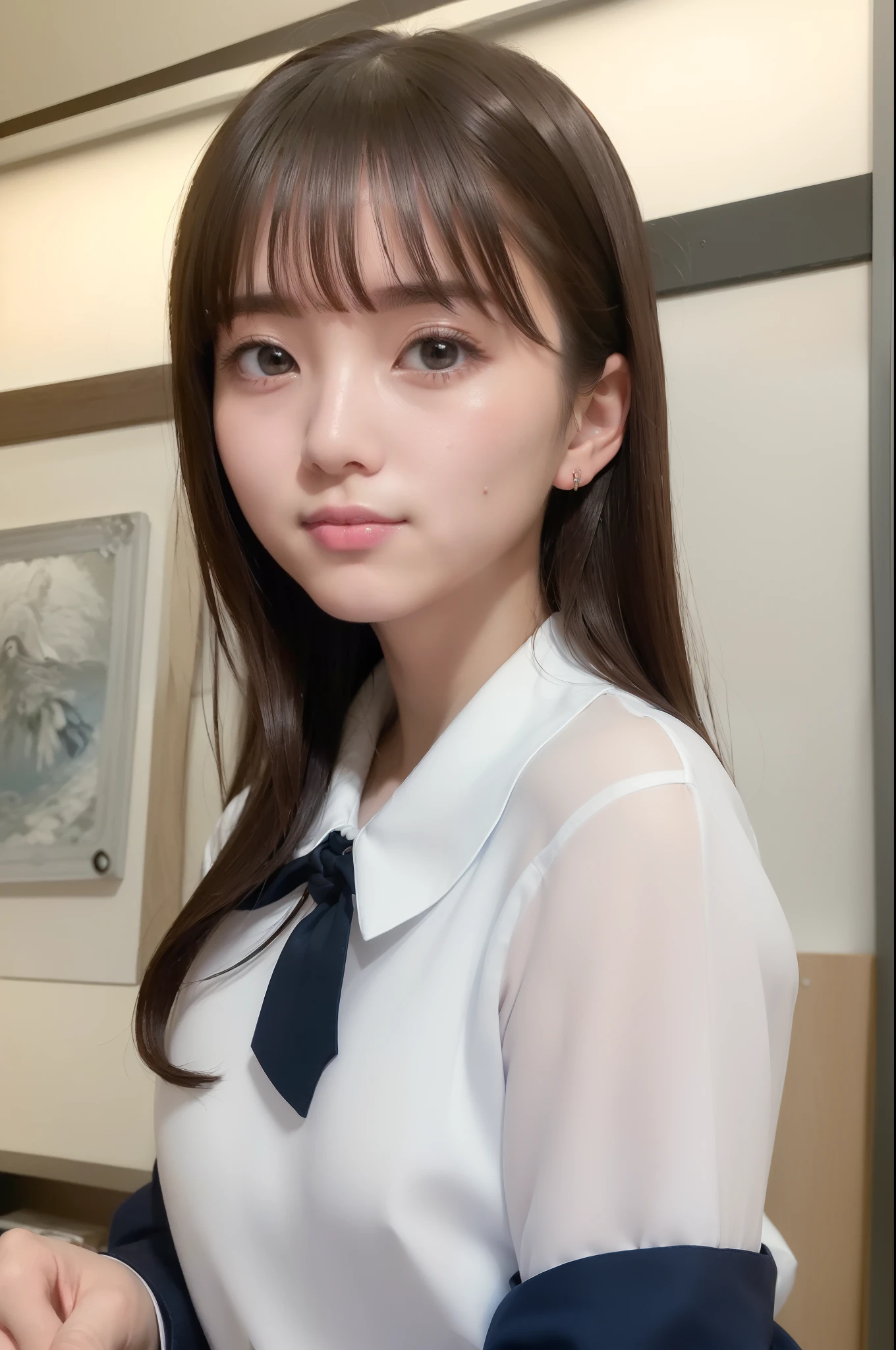 (8K、top-quality、​masterpiece:1.2)、(realisitic、Photorealsitic:1.37)、ultra-detailliert、1womanl、 20yr old、独奏、((Beautiful ribbons))、(((A dark-haired)))、(a smile:1.15)、beautiful finely detailed eyes、(shirt with collar:1.1)、business clothes、(short-hair:1.2)、 (((Art Room)))、 Plaster cast