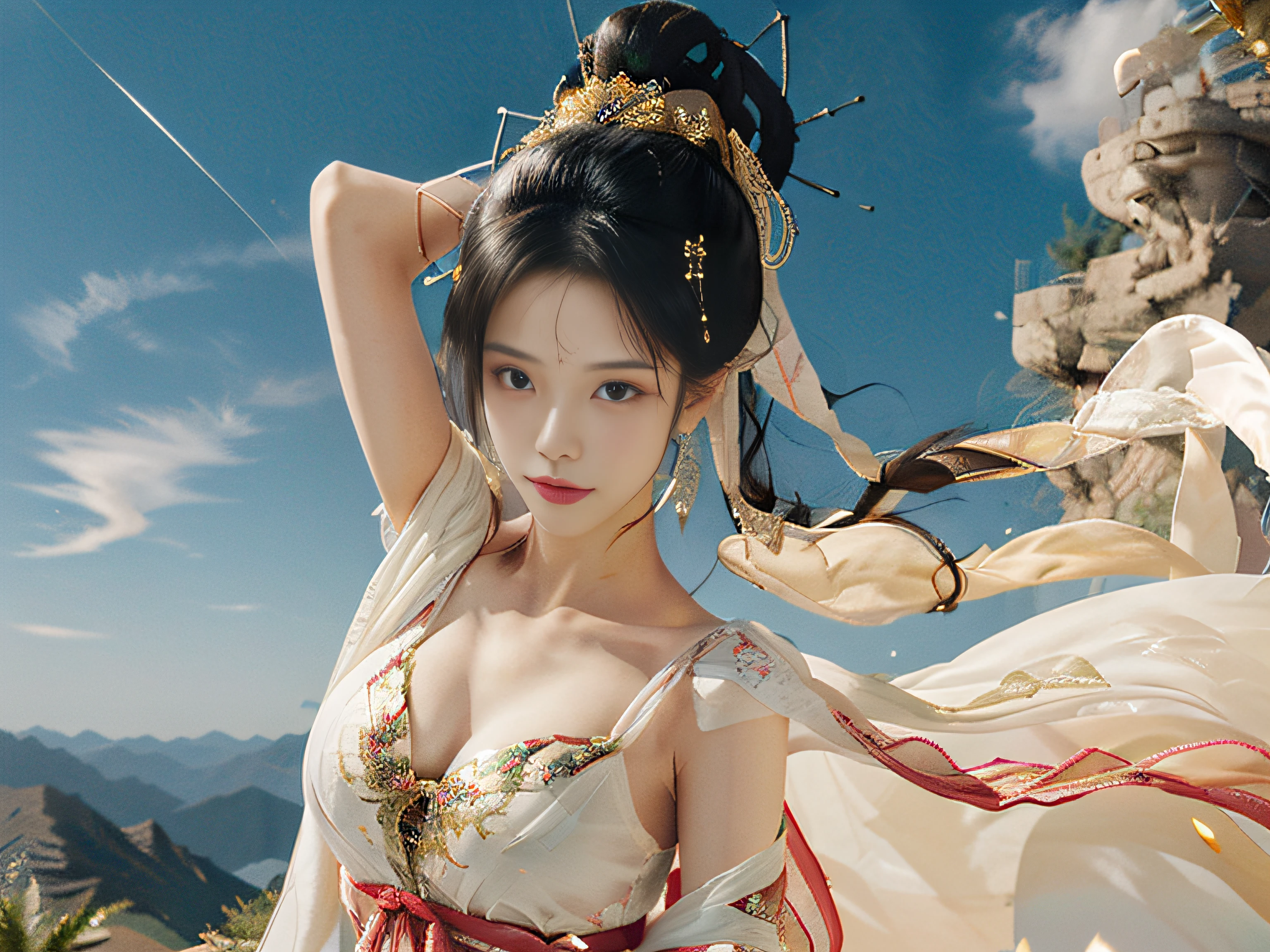 masterpiece,ultra realistic,32k,extremely detailed CG unity 8k wallpaper, best quality, 1 girl, (White robe), In a captivating scene, The background is rich and extremely detailed,Exquisite and beautiful features, Big eyes look at you, Dance, Dunhuang costumes, Dunhuang style, Arms, Dance with the ribbon, Multicolored ribbons,golden jewelery, Ancient Chinese hairstyle, gossamer, Streamers, Flying in the air,Light makeup, eye shadows, Brow line, (face), dynamics, Petals flying, Details, jewelry, Earrings, bangle, bshoulders, Complex textures, chest, Guqin, conduit, Natural expression, Charming smile, A beautiful woman in a flowing white Chinese robe is flying in the air, Soar through the clouds. The wind gently lifts her robe, Emphasize the feeling of flying,As they fly gracefully over the ethereal cloud scene