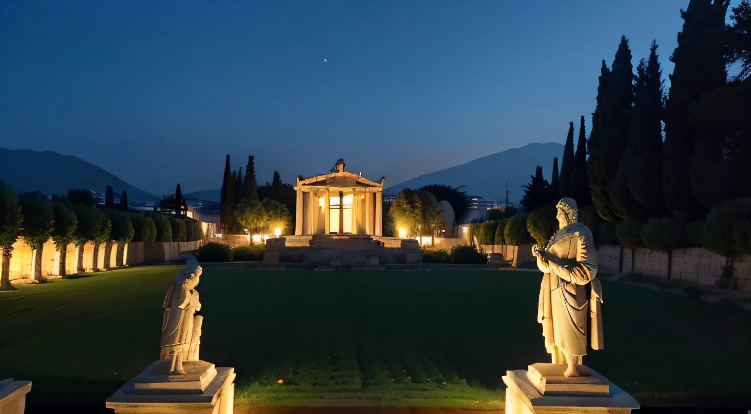 Marble statue of Zeno of Scythia teaching other ancient and old Greek men with Greek temple in the background at night