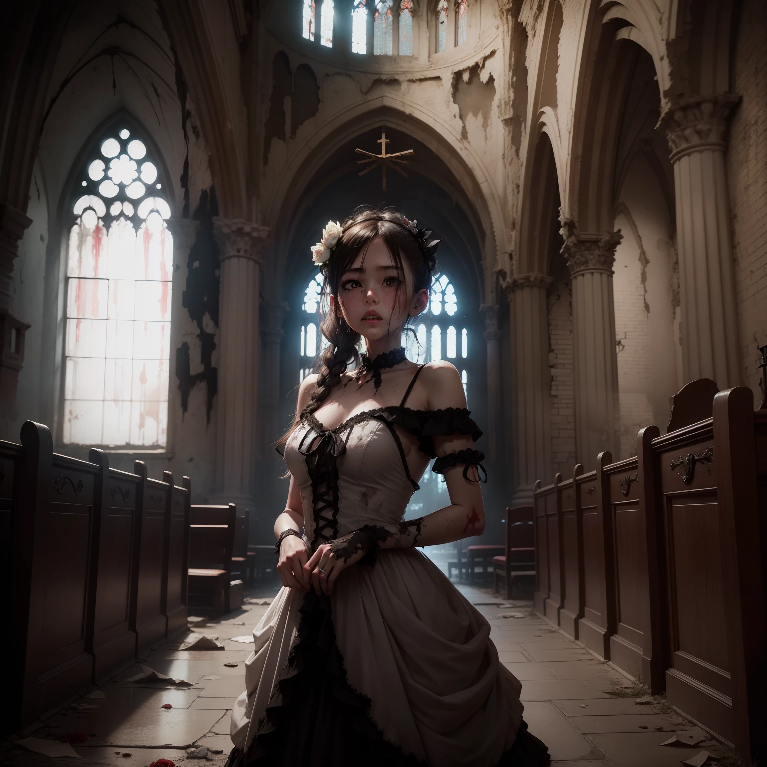 Zombie in tattered white prom dress、Crumbled church、Bloody、Meowy Mile、Withered bouquet