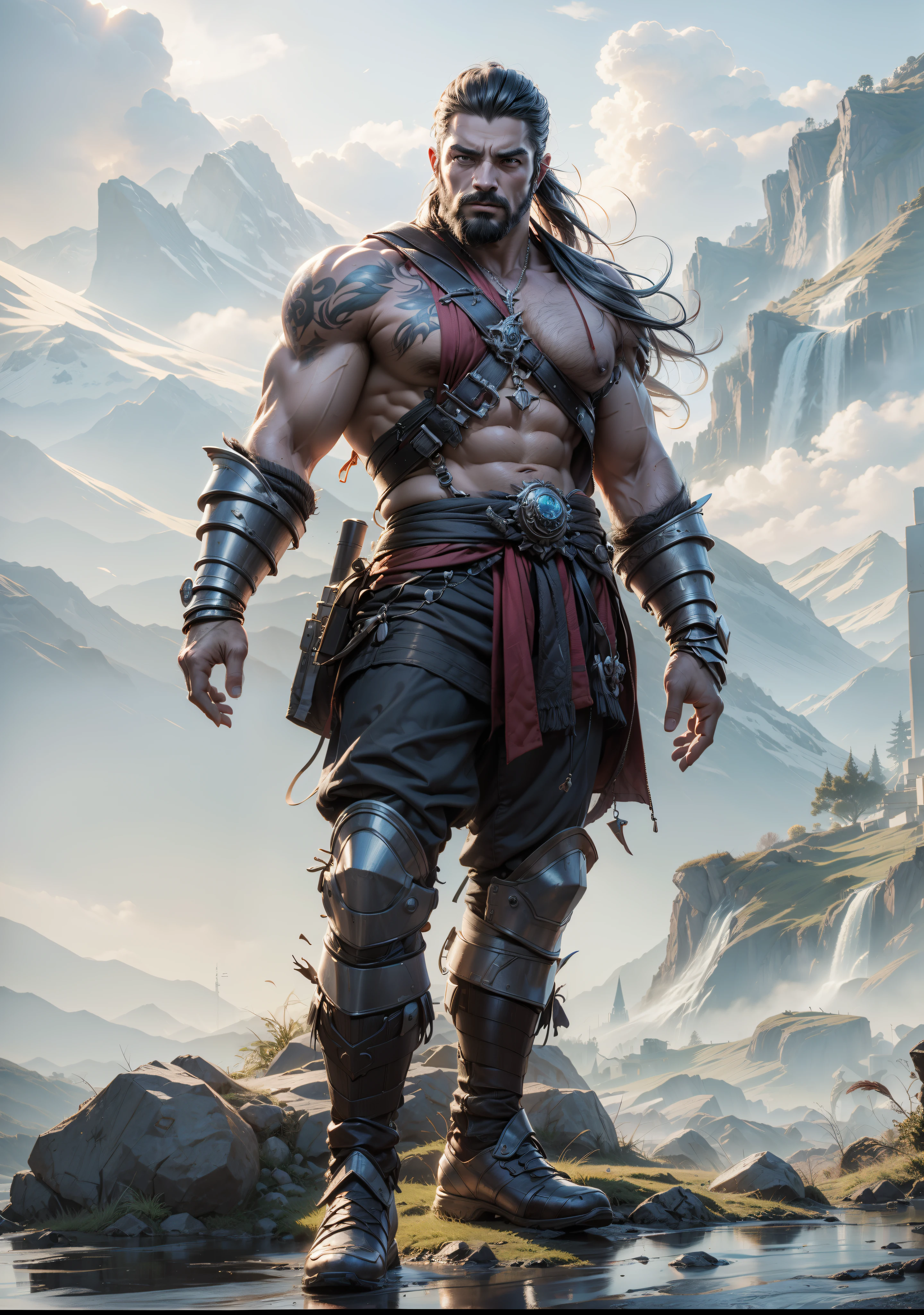corpo inteiro, corpo inteiro, Homem barbaro , ,macho, cabelo curto, aggressive character, 3D rendering, Arte de caracteres 8k, octano, fantasia, Estilo ,8k render, trending in artstation, personagem de fantasia hiperdetalhado, 8k arte de alta qualidade detalhada, estilo fantasia (octane rendering), Front view, Tecido, Global lighting, Rosto robusto, robust jaw, macho