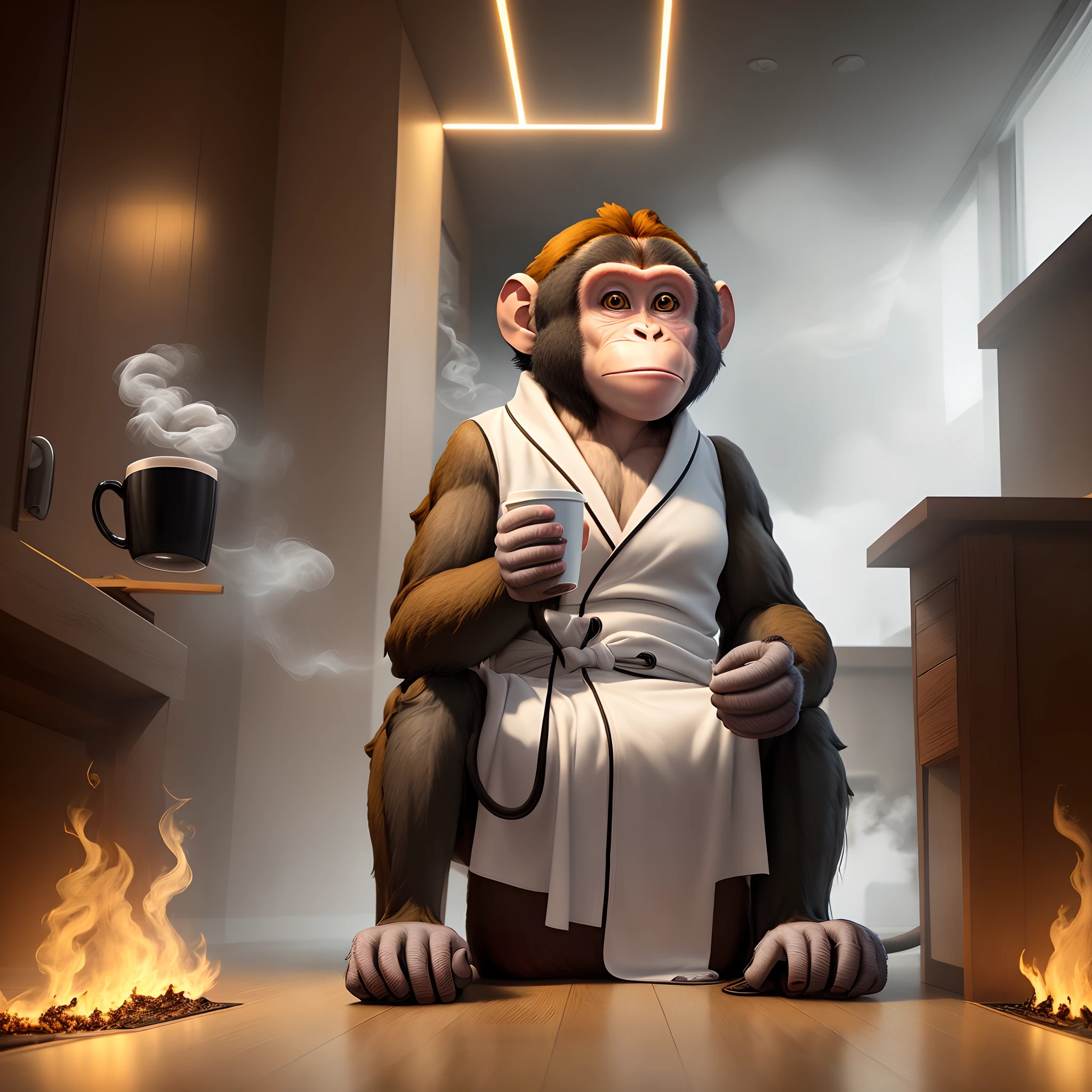 (melhor qualidade:1.23), (obra-prima:1.12), (realista:1.24), (monkey:1.5) holding a cup of coffee, sentado, in a bathrobe, having breakfast and holding a cup of coffee, kalap, particuls, volumeric lighting, sala queimando, burning floor and chair, muitos gadgets e equipamentos em chamas, smoke billowing, (chamas ao redor:1.2),