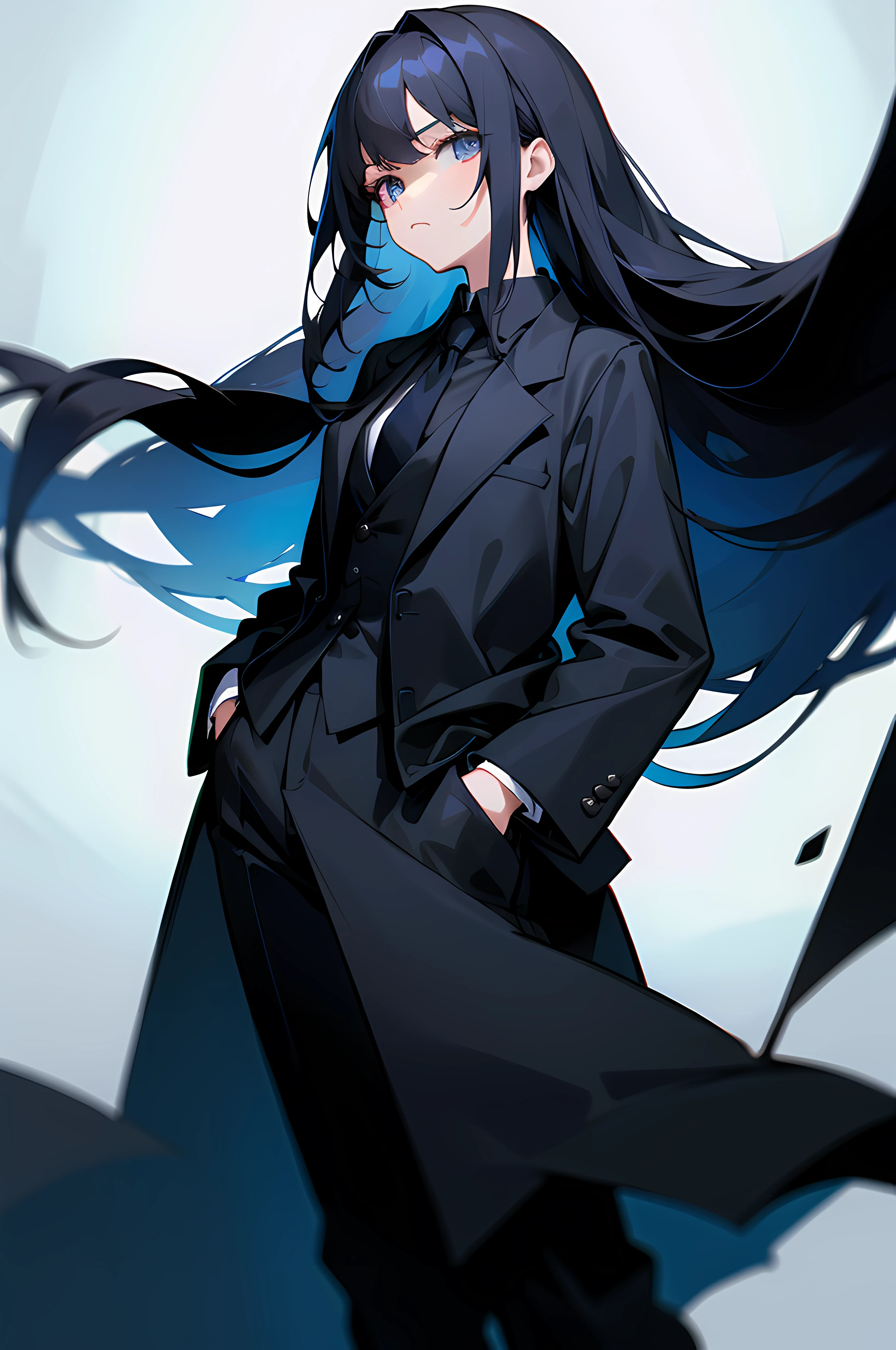 1girll,Masterpiece, Best quality:1.2), Solo, Expressionless, Closed mouth, view the viewer, Hands in pockets, Long hair, ringed eyes, formal,Black coat, Collared shirt, black necktie, Black pants