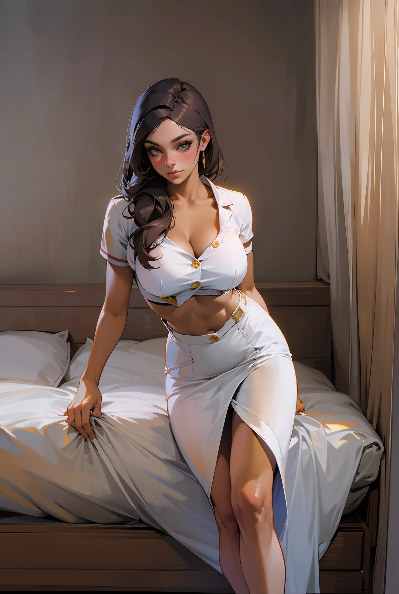 There's a sexy 30-year-old woman (Peta Jensen pov), cabelos longos cinza (ouvir Cinza), nurse enfermeira, roupa branca justa, Blusa desabotoada, without the buttons, no-bra, does not wear a bra, belos seios enormes (Kyra QUENTE), Mamalhuda, molhados e macios, hands resting on the leg, close de cima, visto de cima, View from above, olhar de cima, olhar penetrante e sensual, nariz esnobado, pele clara, sardas, fogosa e lasciva querendo prazer, quadril largo, vestido bem curto justo, quadril largo, sentada em uma cama em um quarto de hospital, quarto rico em detalhes, cinematic natural light, great contrast, Sombras, filtro, profundidade, anatomia feminina perfeita, 4k