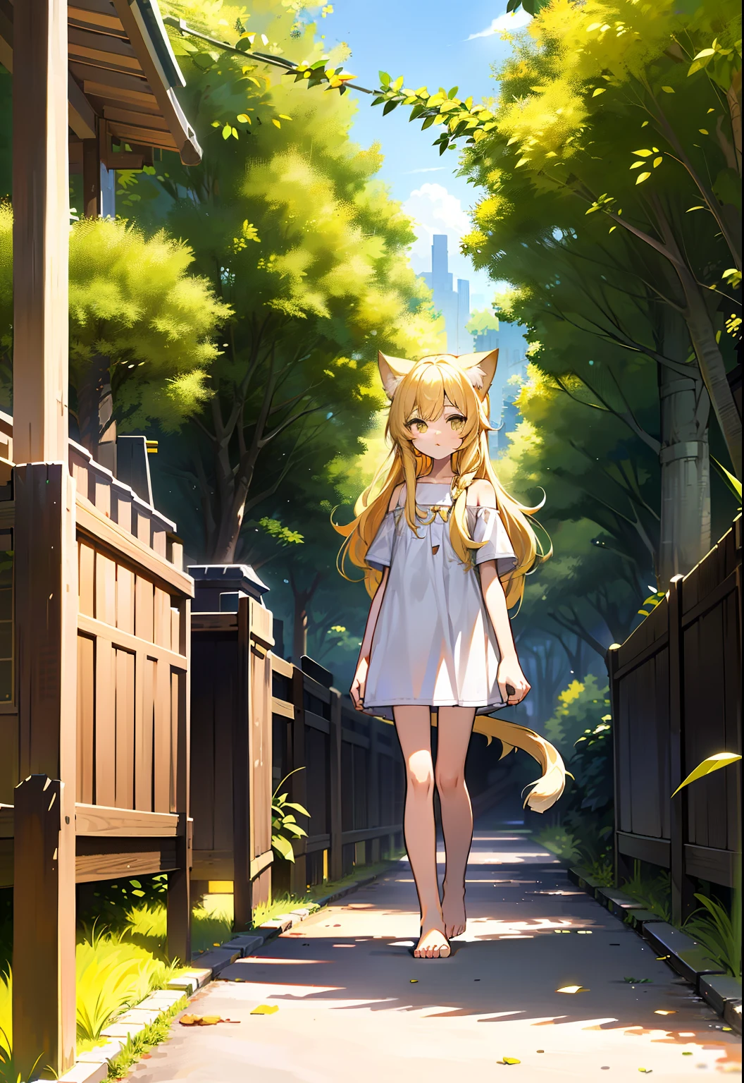 Yellow hair,Cat ears,a cat tail,dark hazel eyes, body,10years old,Pure white short sleeves,Expose the left shoulder,naked leg,Barefoot,standing on your feet。yellow long hair。Whole body diagram,illustration。River side。