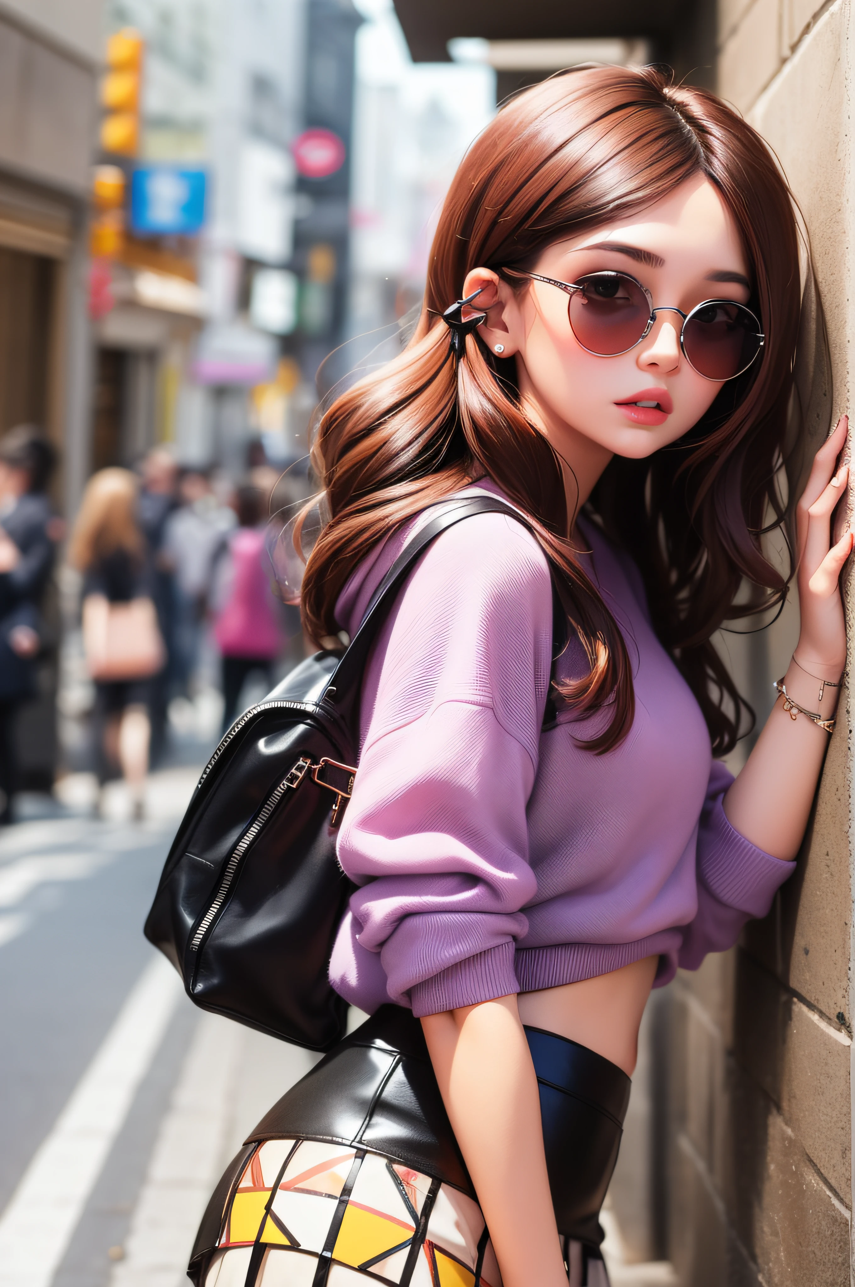 1 girl, 20 years old, long red hair, short purple sweatshirt, black mini skirt, colored ribbon in her hair, sunglasses, city