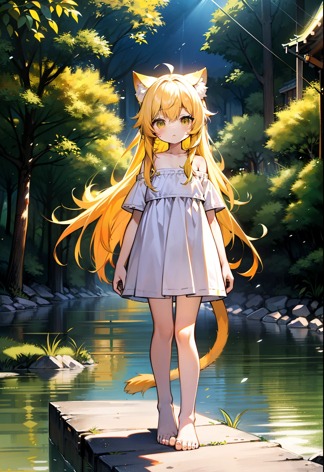 Yellow hair,Cat ears,a cat tail,dark hazel eyes,Loli body,10years old,Pure white short sleeves,Expose the left shoulder,naked leg,Barefoot,standing on your feet。yellow long hair。Whole body diagram,illustration。River side。