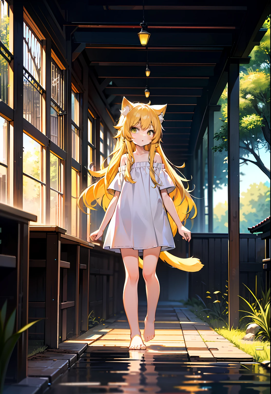 Yellow hair，Cat ears,a cat tail,dark hazel eyes，Loli body， old,Pure white short sleeves，Expose the left shoulder，naked leg，Barefoot，standing on your feet。yellow long hair。Whole body diagram,illustration。River side。