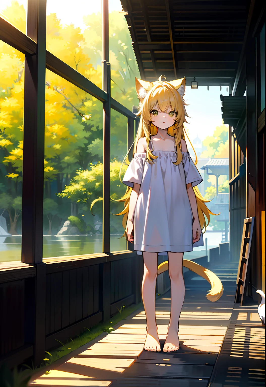 Yellow hair，Cat ears,a cat tail,dark hazel eyes，Loli body， old,Pure white short sleeves，Expose the left shoulder，naked leg，Barefoot，standing on your feet。yellow long hair。Whole body diagram,illustration。River side。