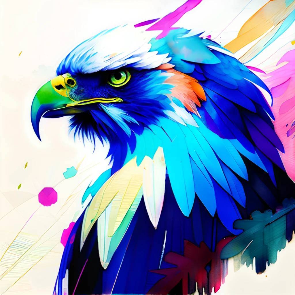 Wtrcolor style，An eagle，frontage，big breasts beautiful，（（aquarelle）），paint splatter，Complicated details。The is very detailed，Detailed eyes，]，Trends on ArtStation，Rachel Walker