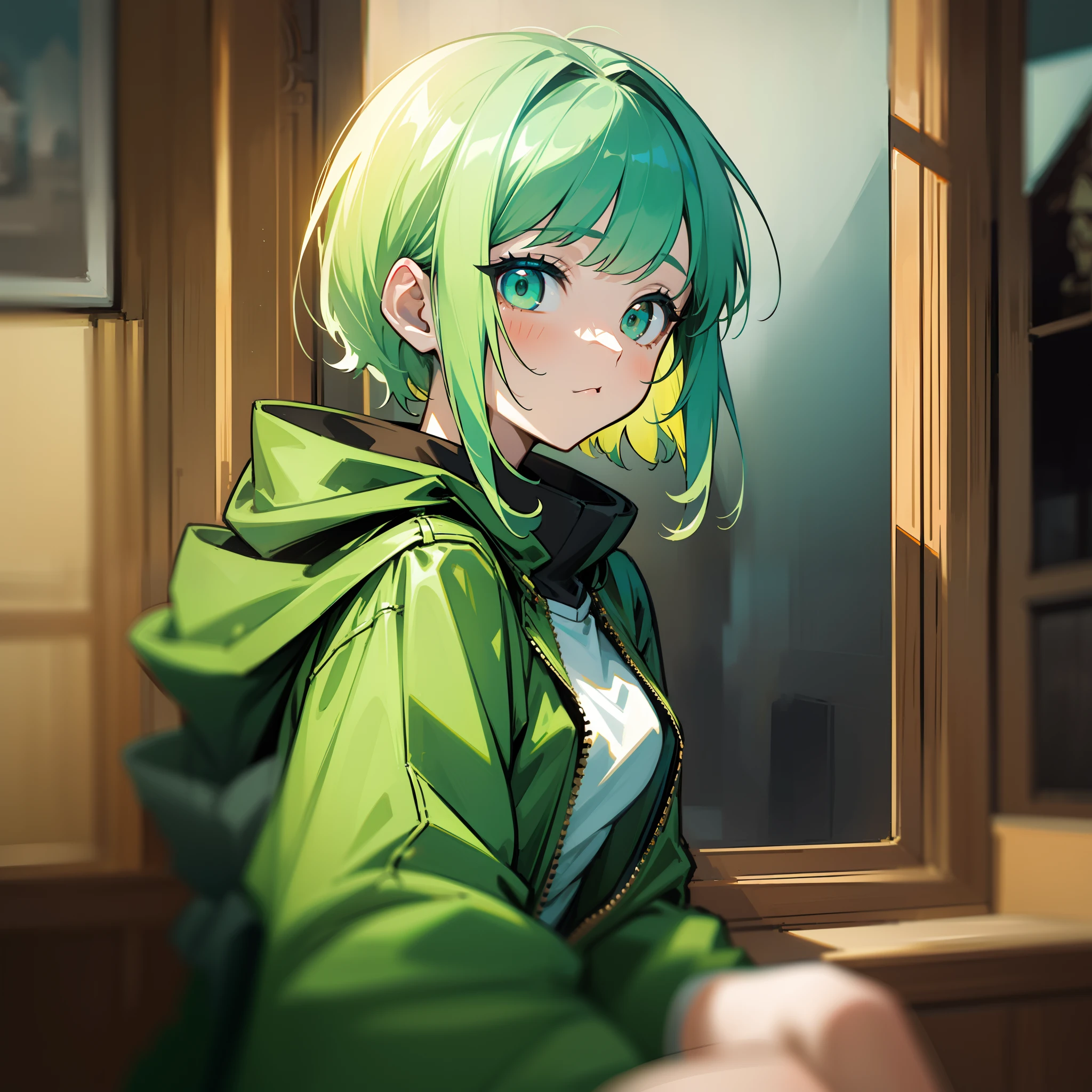 MKSKS style, (highly detailed back ground:1.0), (highly detailed back ground:1.0), 1 Portrait of a girl, full_Body, up looking_で_viewer, parka, short-haired, pale very light green hair, partially_Unzip, masterpiece, top-quality, (1girl in, 独奏, girl with:1.2), Sit by the window, chromatic abberation, depth of fields, Soft lighting,