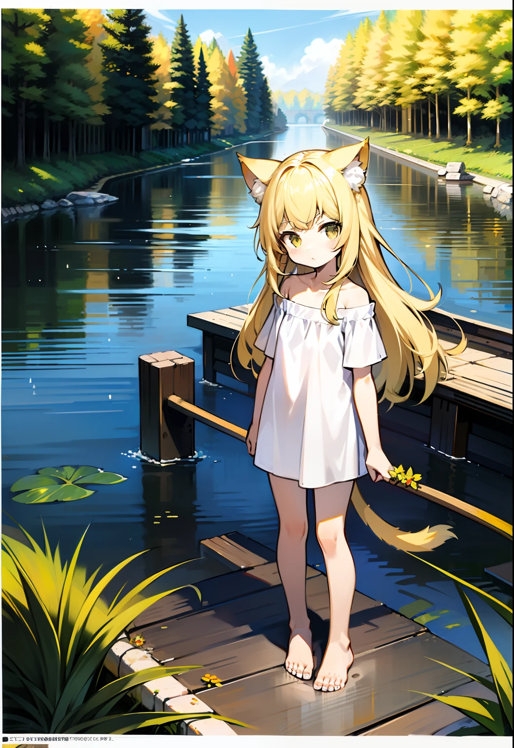 Yellow hair,Cat ears,a cat tail,dark hazel eyes,Loli body,10years old,Pure white short sleeves,Expose the left shoulder,naked leg,Barefoot,standing on your feet。yellow long hair,illustration。River side。