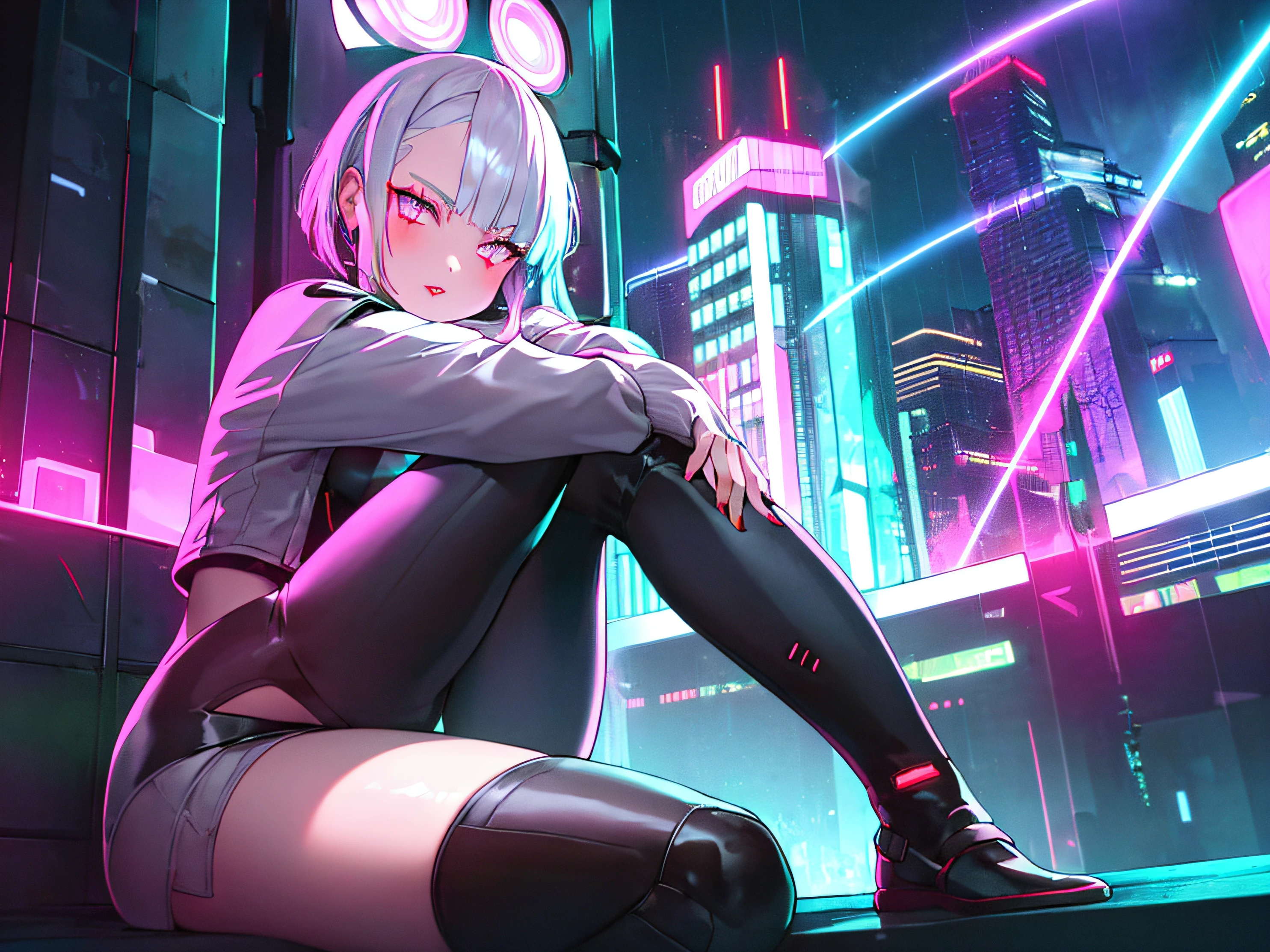 lucy \(cyberpunk\), 1girl, hair scrunchie, hime cut, silver hair, colored tips, full moon, grey eyes, jacket, long sleeves, (looking at viewer), medium hair, multicolored hair, parted bangs, parted lips, pink hair, red eyeliner, red lips, solo, white jacket, cyberpunk \(series\), rainy night in a cyberpunk city with glowing neon lights,from below, (sitting with knees up pose:1.3),(thicc:1.2), perfect body
