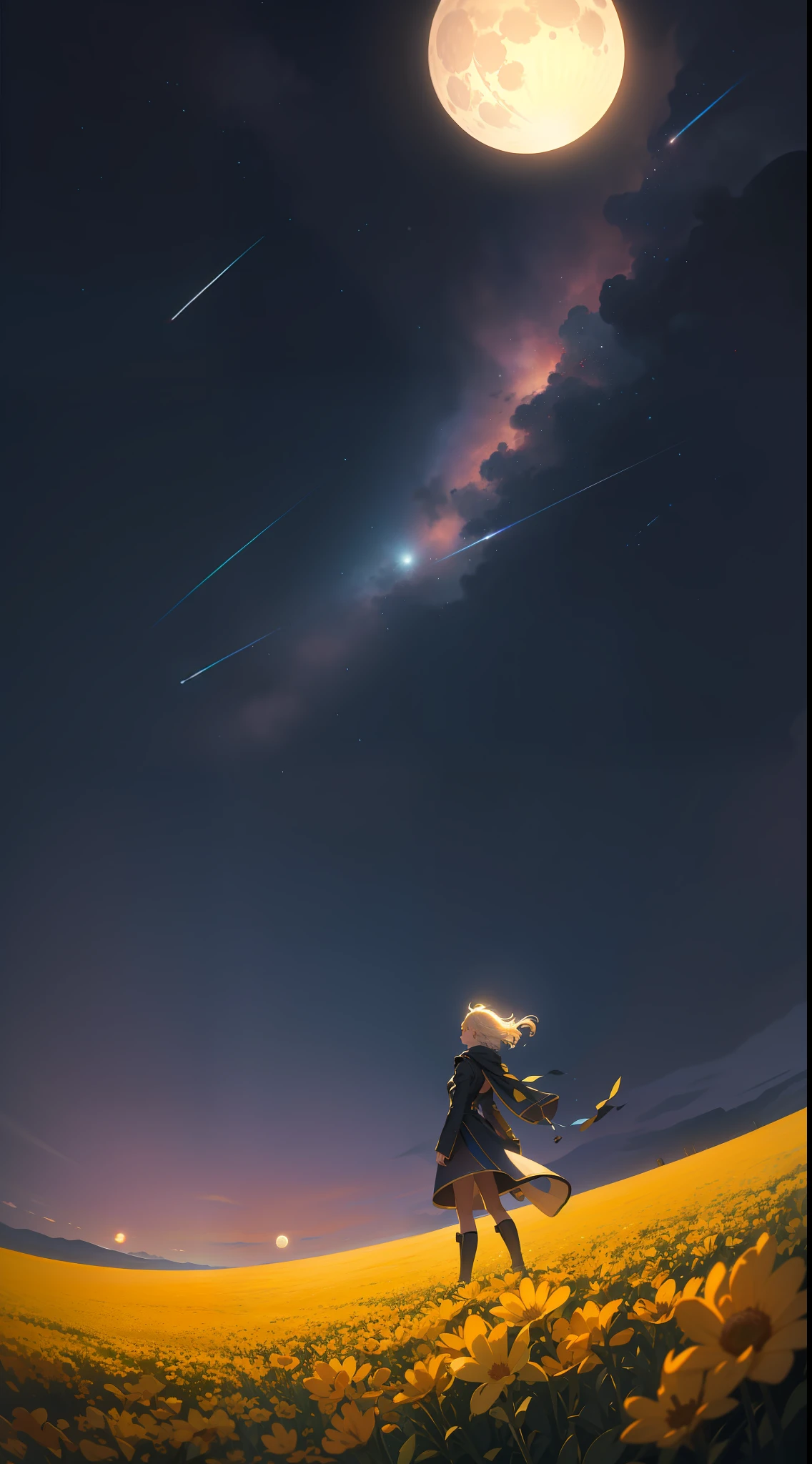 A wide landscape photo, (viewed from below, the sky is above, and the open field is below), a girl standing on a flower field looking up, (full moon: 1.2), (meteor: 0.9), (nebula: 1.3), distant mountains , Trees BREAK Crafting Art, (Warm Light: 1.2), (Firefly: 1.2), Lights, Lots of Purple and Orange, Intricate Details, Volumetric Lighting BREAK (Masterpiece: 1.2), (Best Quality), 4k, Ultra Detailed, (Dynamic Composition: 1.4), Rich in Detail and Color, (Rainbow Color: 1.2), (Glow, Atmospheric Lighting), Dreamy, Magical, (Solo: 1.2)