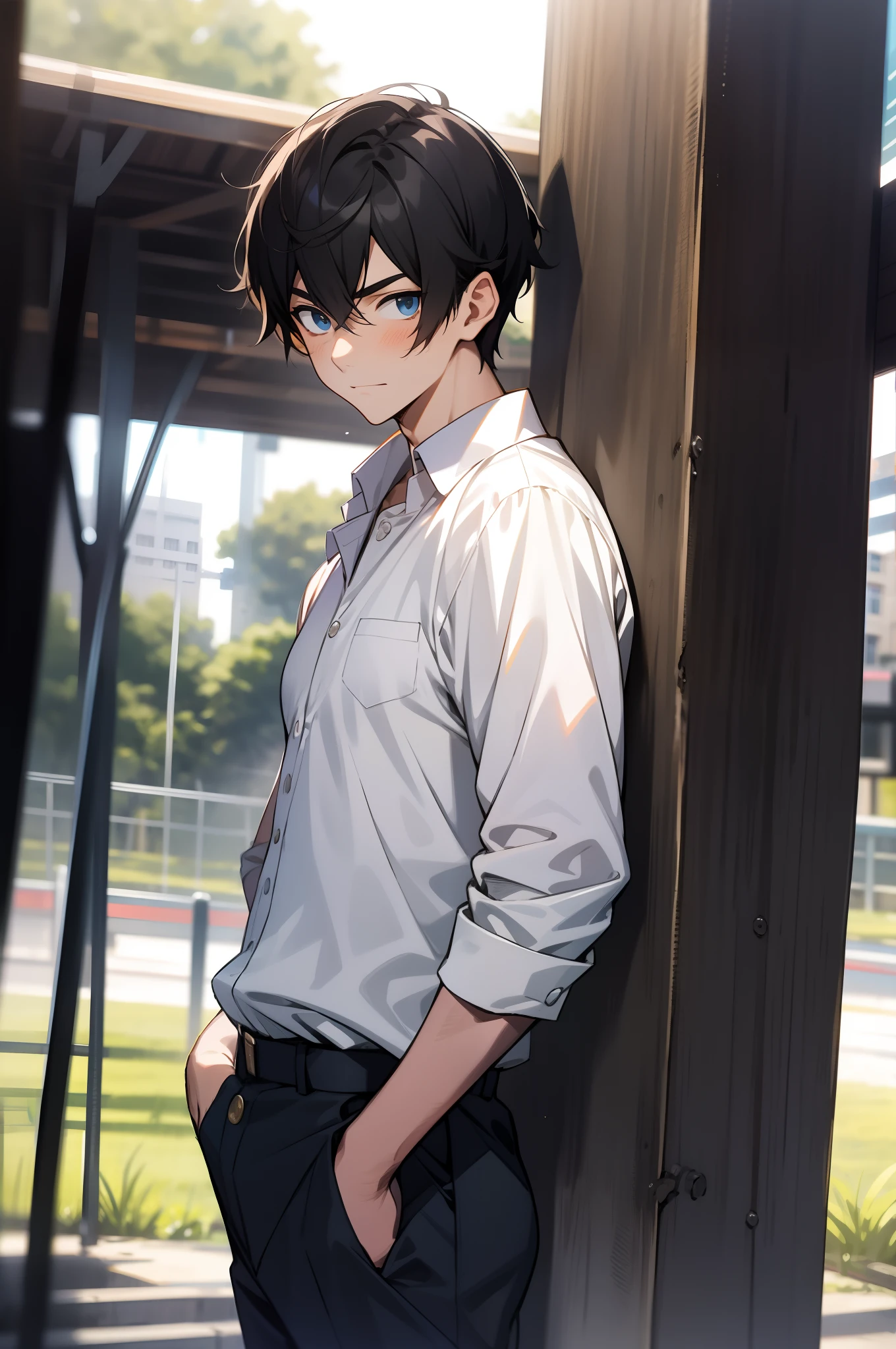 tmasterpiece, malefocus,1boys,1 male high school student,shoun,Young men,Looks to the side, Simple school uniform,white shirt,tiese,trouser,white backgrounid, A faint smile,school ground,Playground guardrails,Background of details,Diffused sunlight,depth of fields,Background bokeh,(tmasterpiece,best qualtiy)