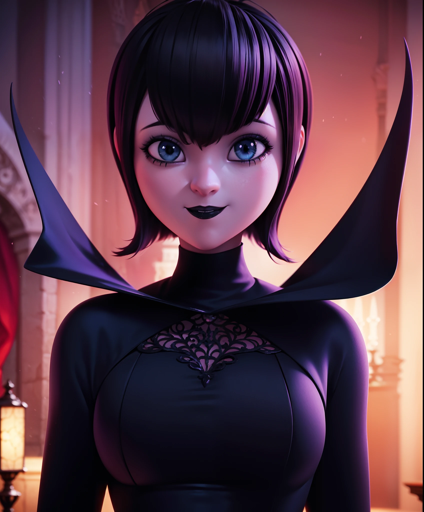 mevis, 1girl, short hair, black hair, solo focus, black eyes, makeup, lipstick, black lips , smile (dark magic), (grim), purple magic on background, ,(intricate details), (hyperdetailed), 8k hdr, high detailed, lot of details, high quality, soft cinematic light, dramatic atmosphere, atmospheric perspective