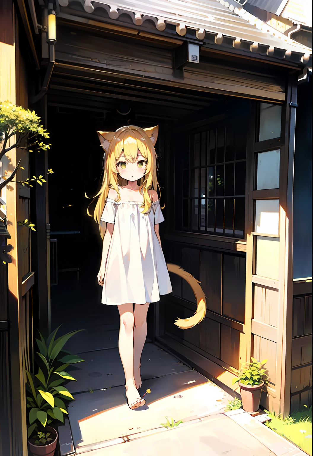Yellow hair，Cat ears,a cat tail,dark hazel eyes，Loli body，10years old,Pure white short sleeves，Expose the left shoulder，naked leg，Barefoot。yellow long hair,illustration。Random outdoor scenes