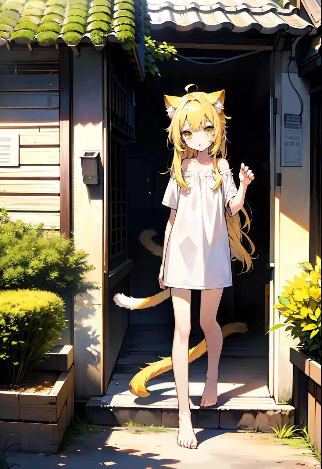 Yellow hair,Cat ears,a cat tail,dark hazel eyes,Loli body,10years old,Pure white short sleeves,Expose the left shoulder,naked leg,Barefoot。yellow long hair,illustration。Random outdoor scenes