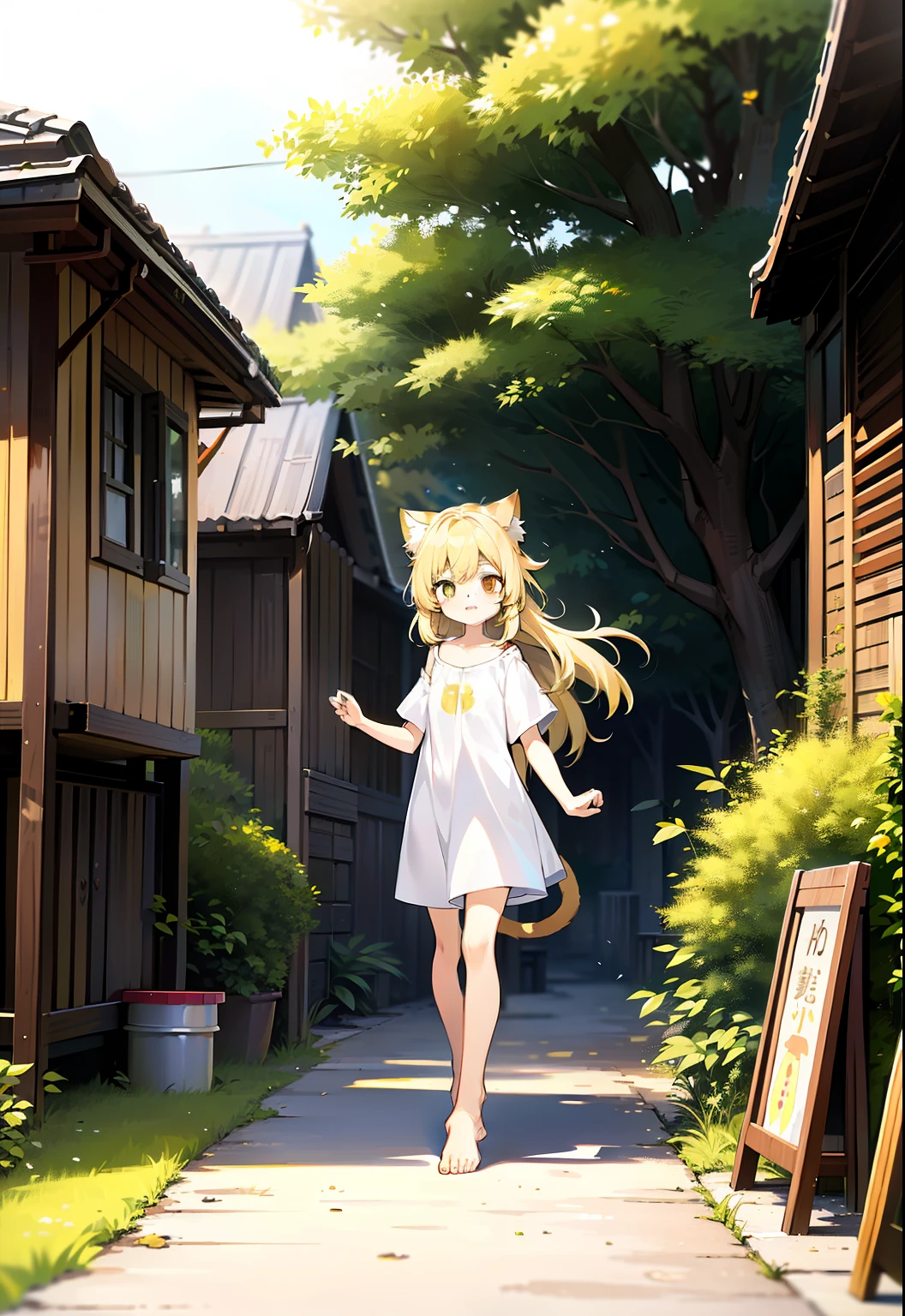 Yellow hair,Cat ears,a cat tail,dark hazel eyes,Loli body,10years old,Pure white short sleeves,Expose the left shoulder,naked leg,Barefoot。yellow long hair,illustration。Random outdoor scenes