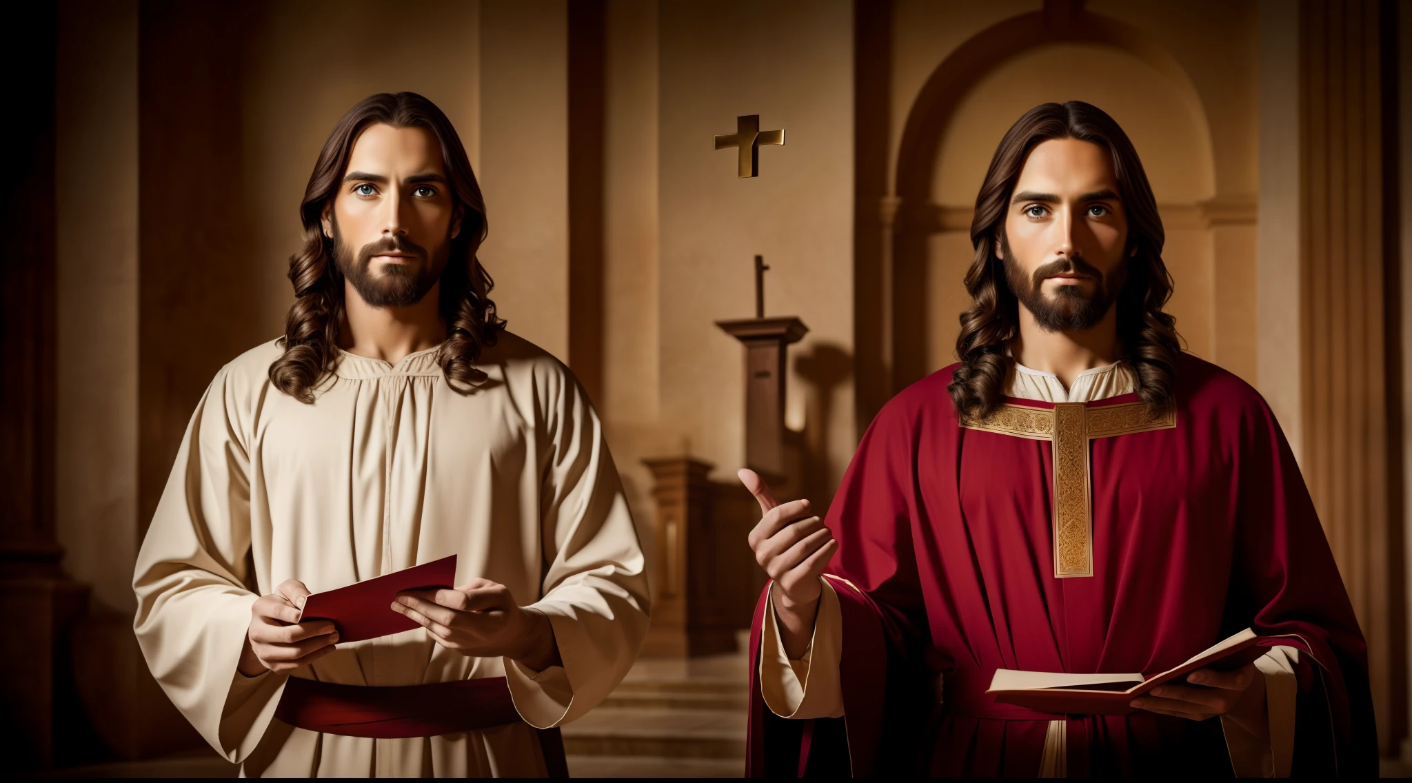 Jesus Christ in period clothing with a Letter in his hand, best quality, award winning photo, 8k, detailed, best quality environment, gold bordered envelope, perfect hands, 4 finger hands