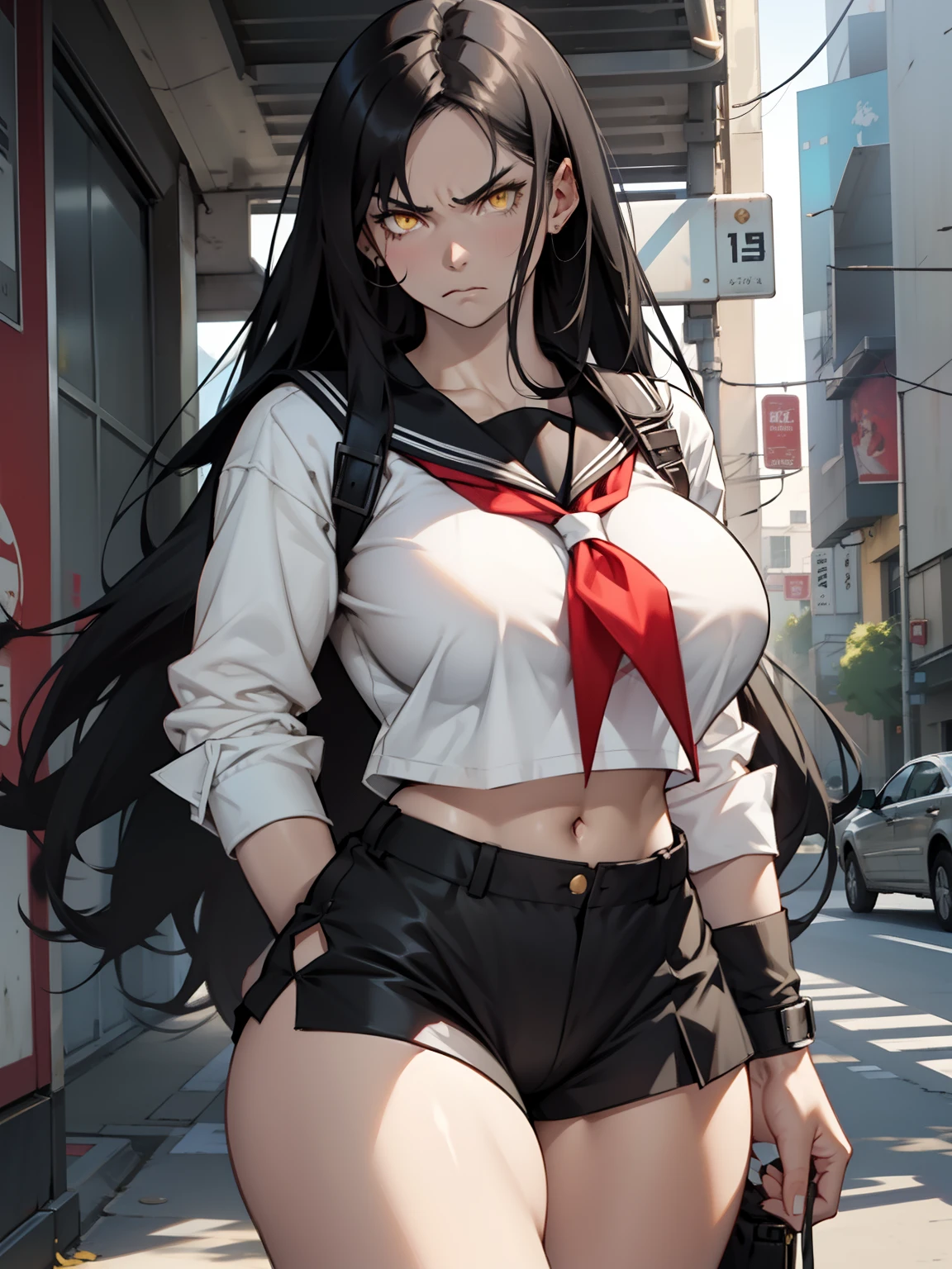 (1girl), black hair, extremely long hair, yellow eyes, muscular, huge breasts, thick thighs, solo, angry, (pale skin), cowboy shot, (serafuku)